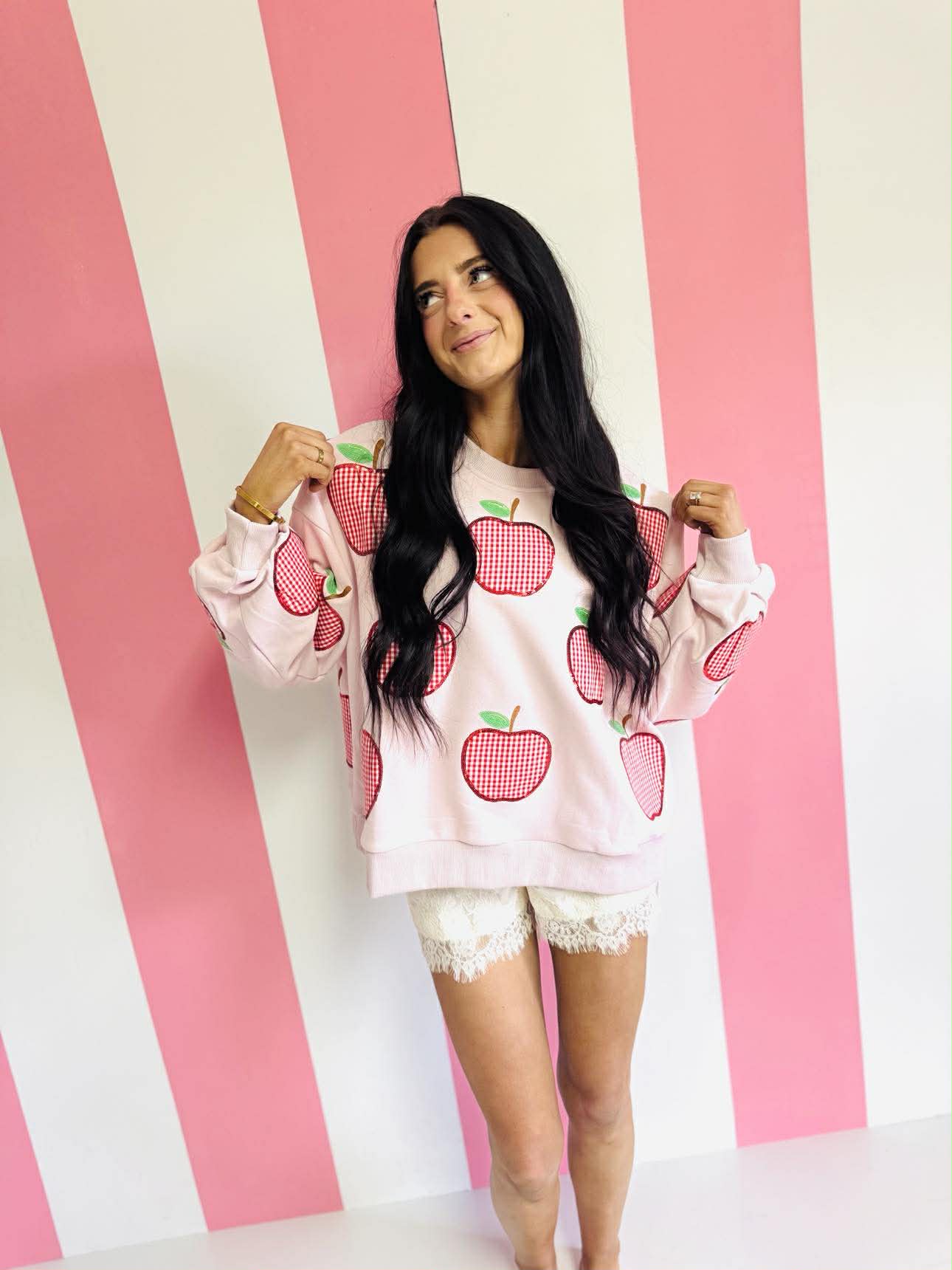 Queen Of Sparkles Light Pink & Red Gingham Apple Sweatshirt