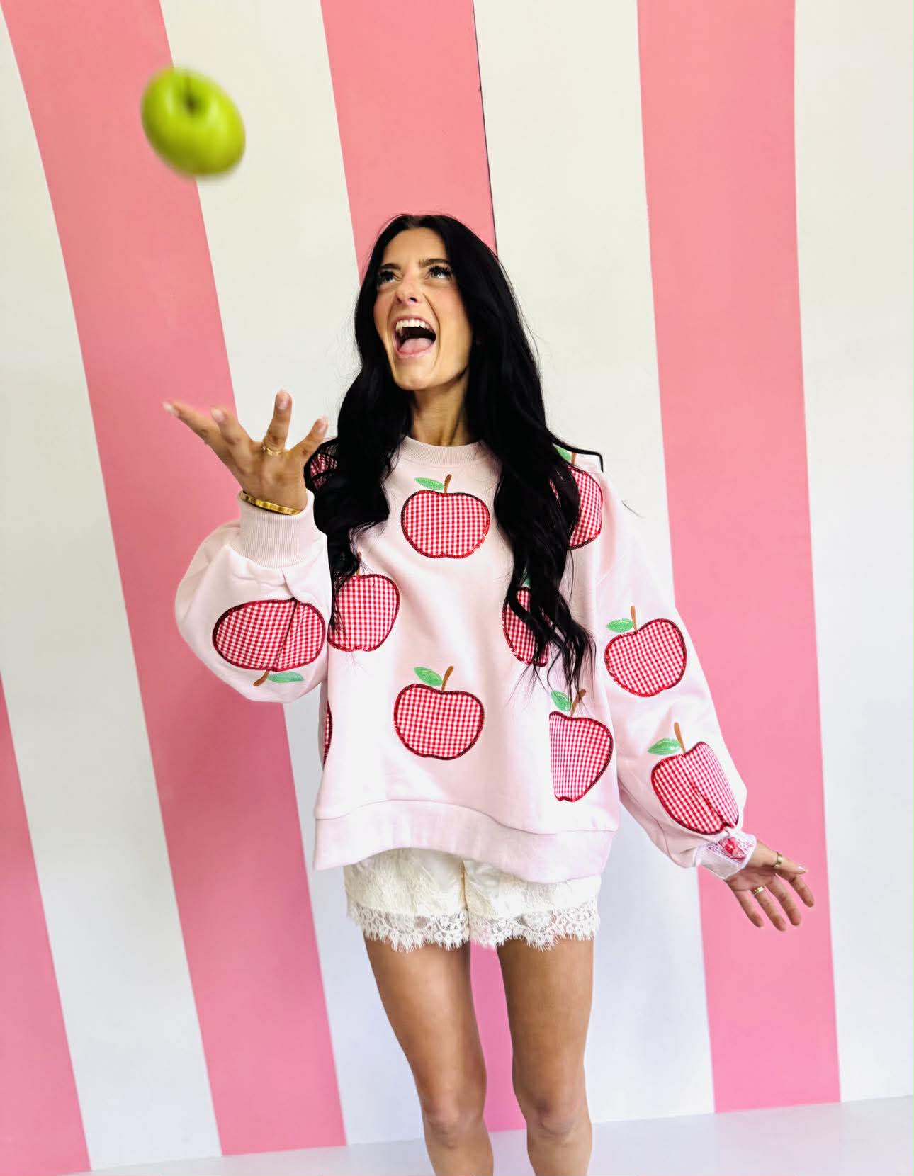 Queen Of Sparkles Light Pink & Red Gingham Apple Sweatshirt