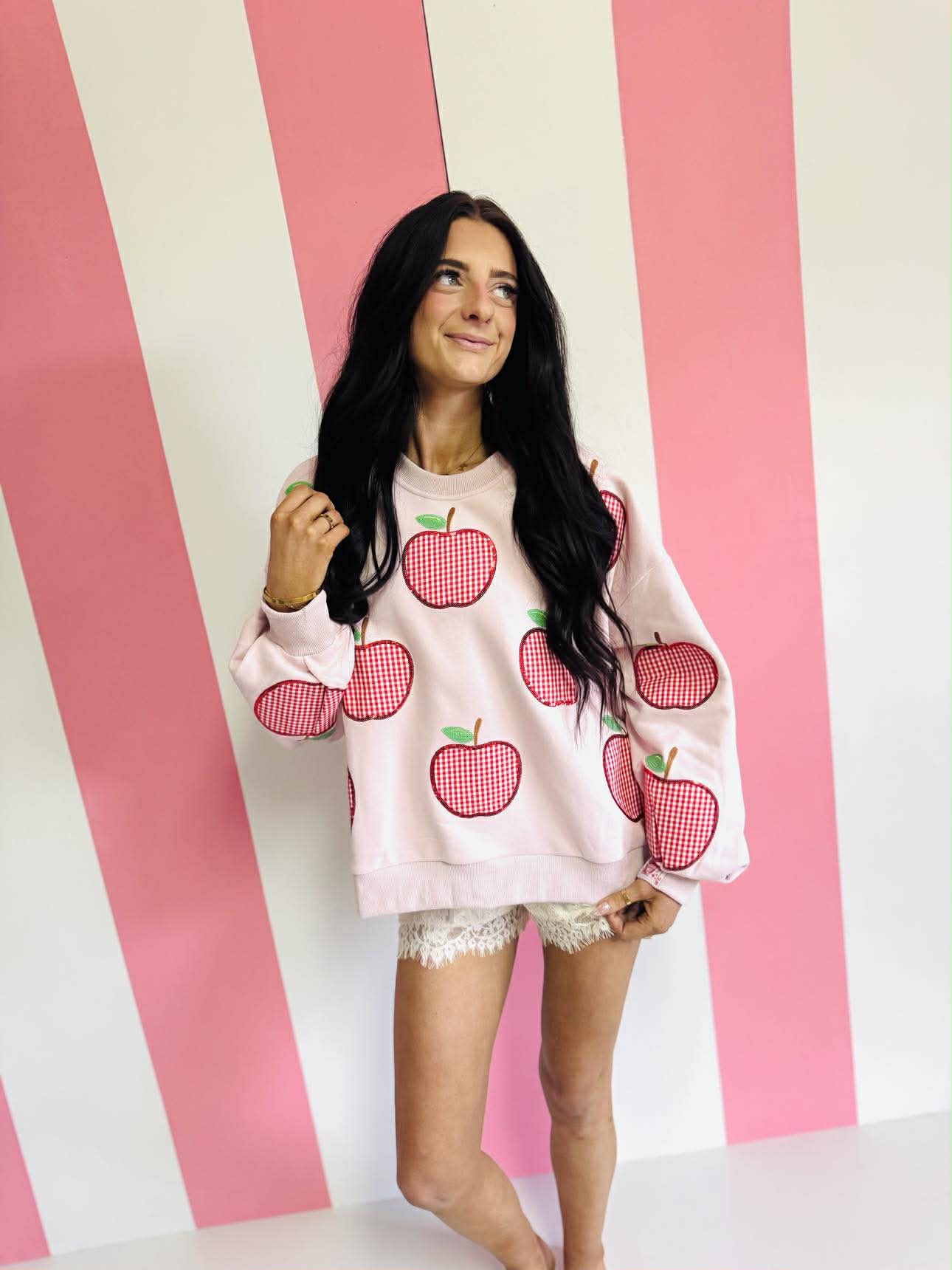 Queen Of Sparkles Light Pink & Red Gingham Apple Sweatshirt