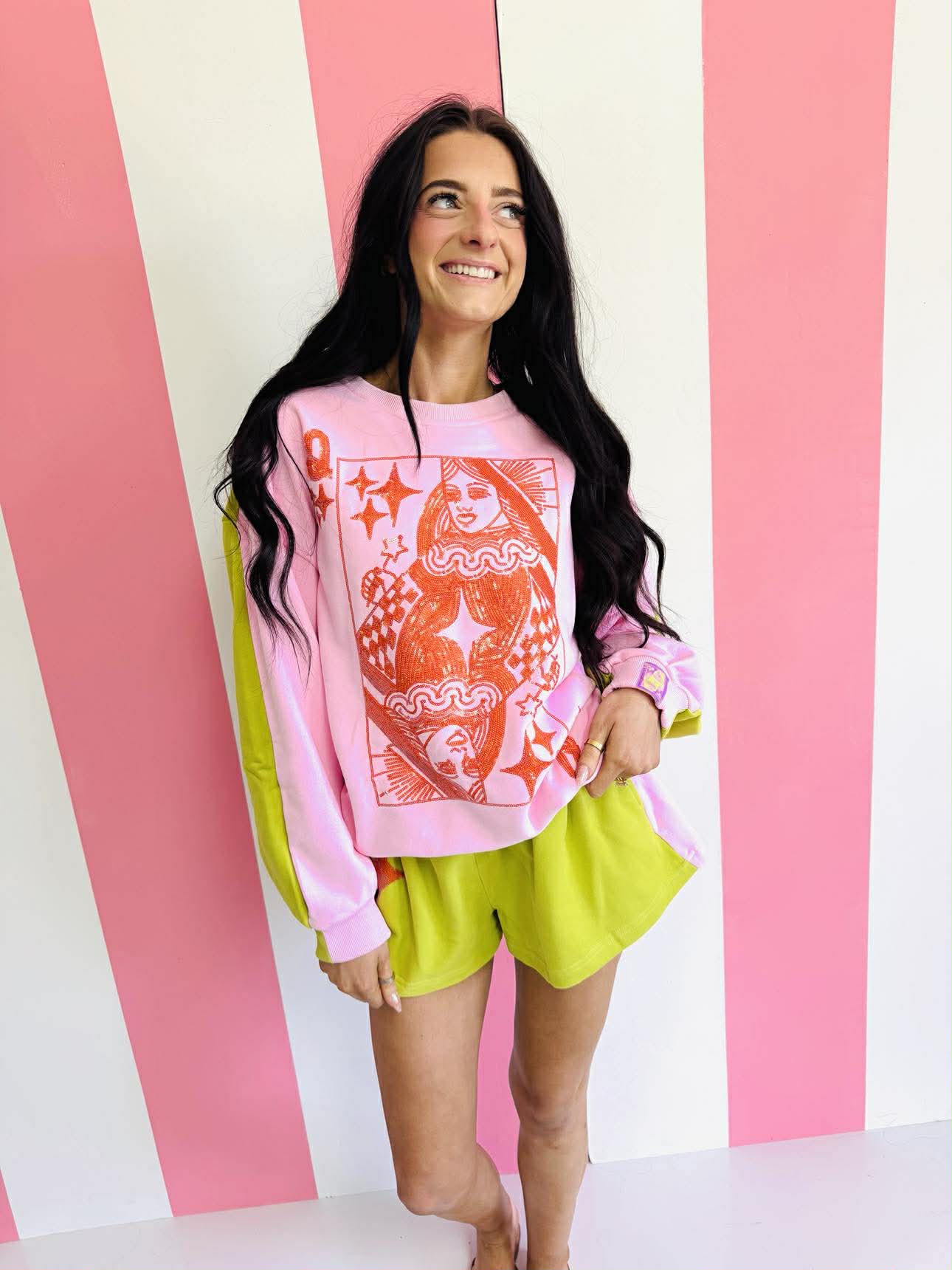Queen Of Sparkles Pink & Green Colorblock Orange QOS Logo Card Sweatshirt