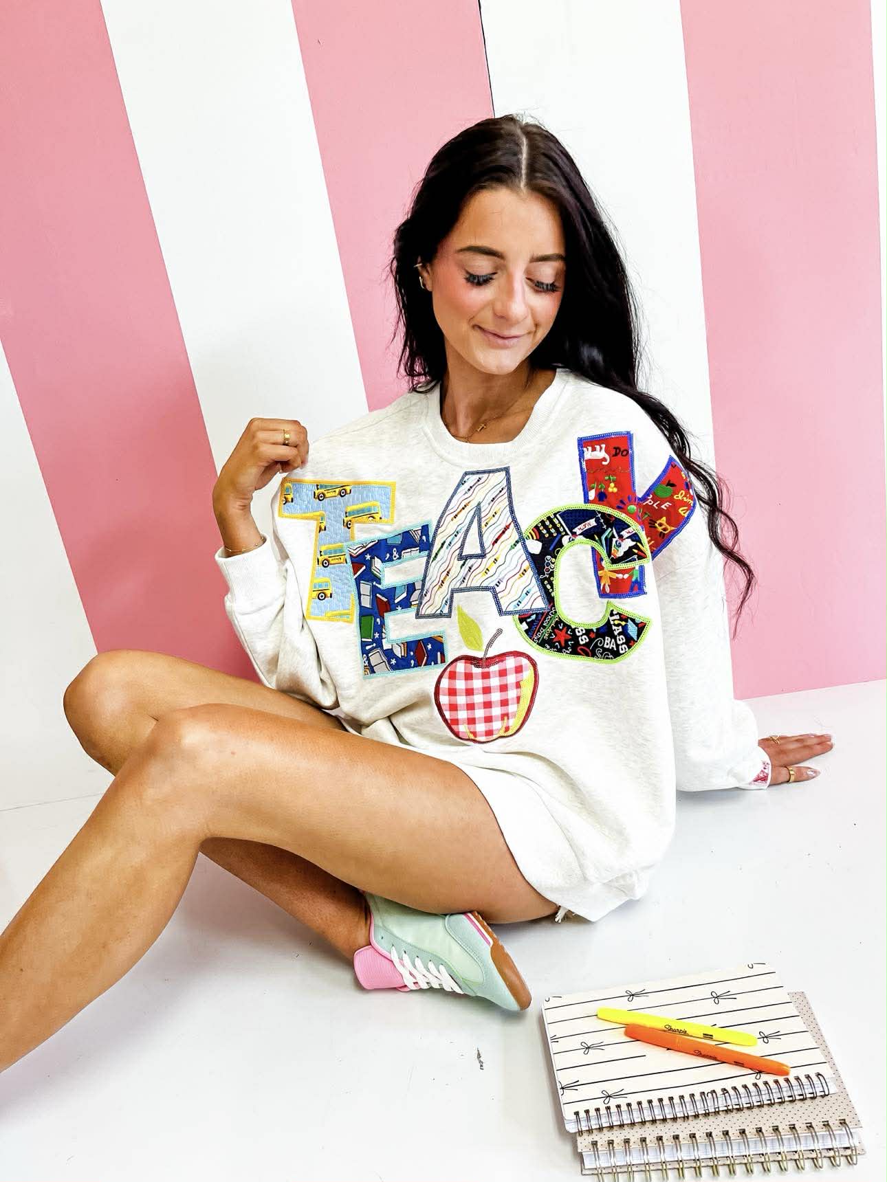 Queen Of Sparkles Grey Multi Fabric 'Teach' Apple Sweatshirt