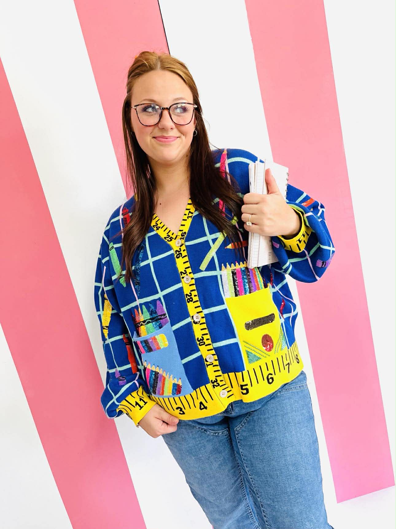 Queen Of Sparkles Multi School Supplies Ruler Trim Button Up Cardigan