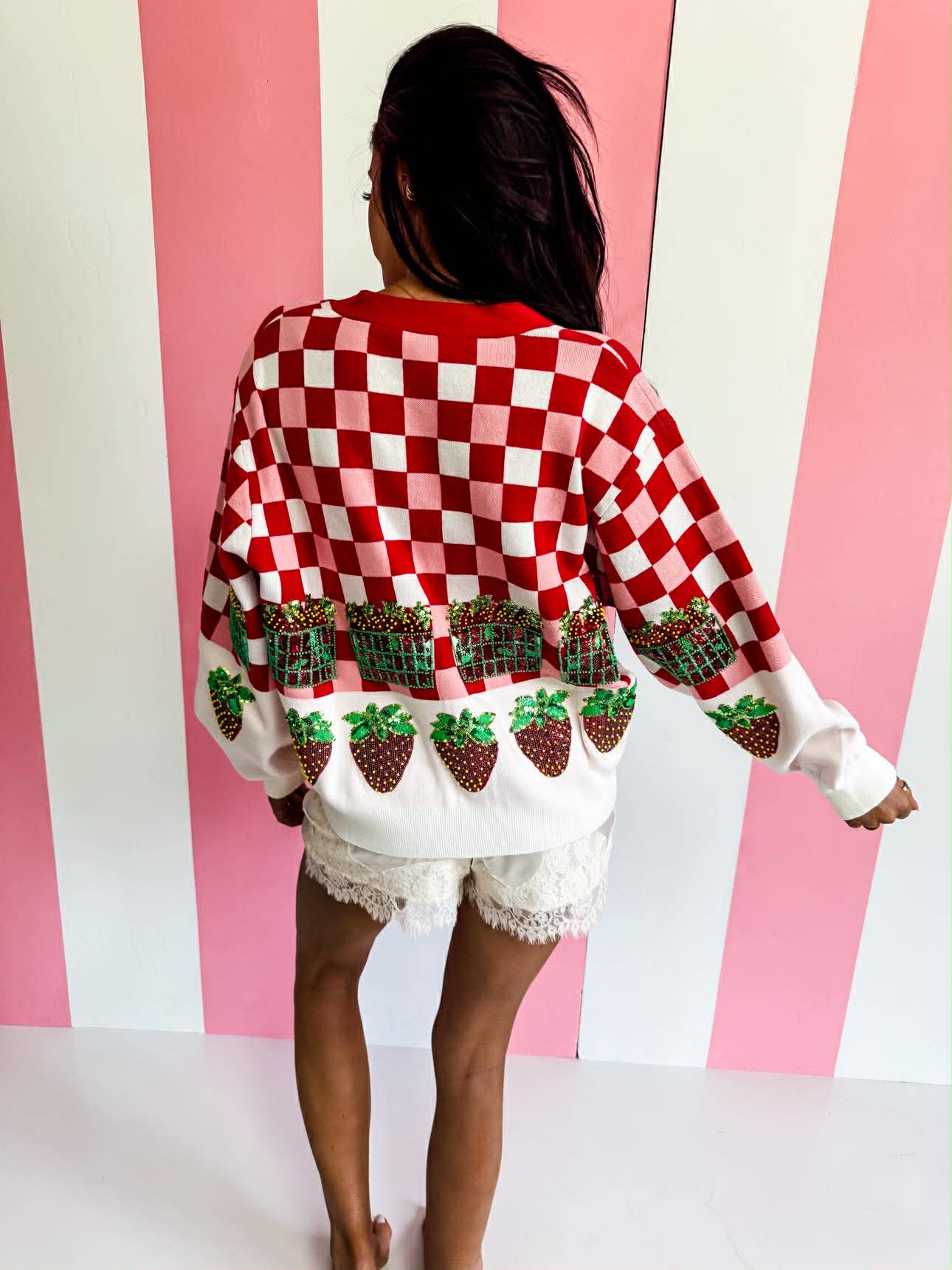 Queen Of Sparkles Red & White Checkered Strawberry Button Up Cardigan
