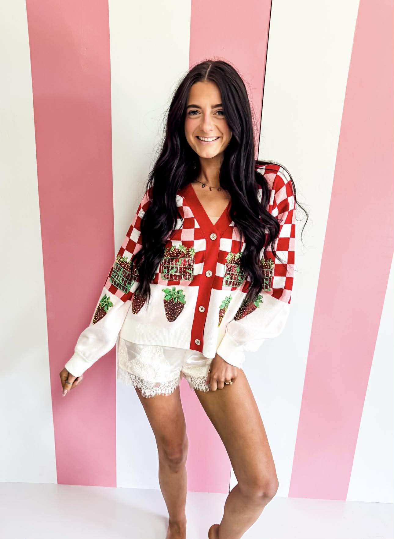 Queen Of Sparkles Red & White Checkered Strawberry Button Up Cardigan