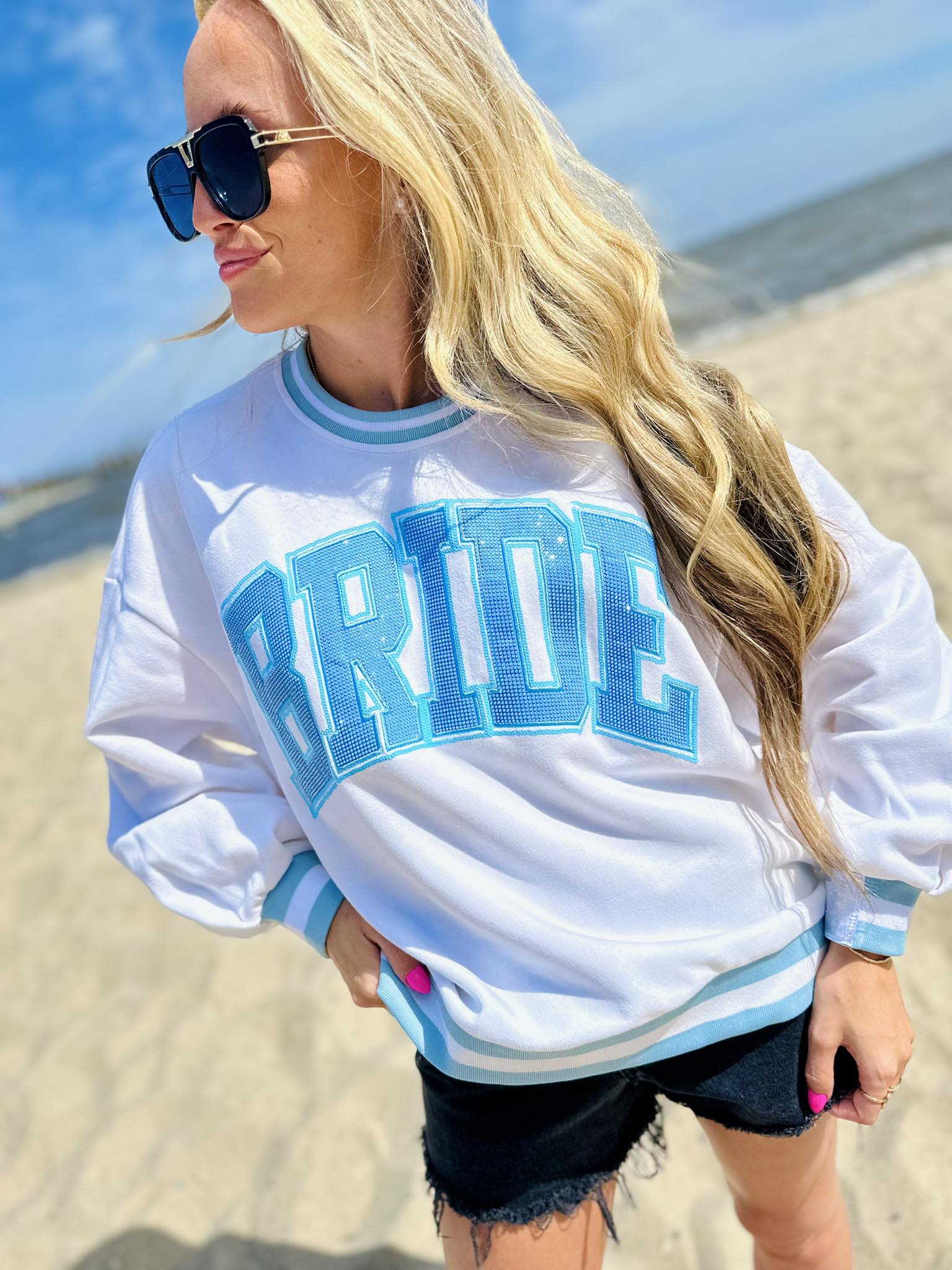 Queen Of Sparkles White & Blue Rhinestone 'Bride' Sweatshirt