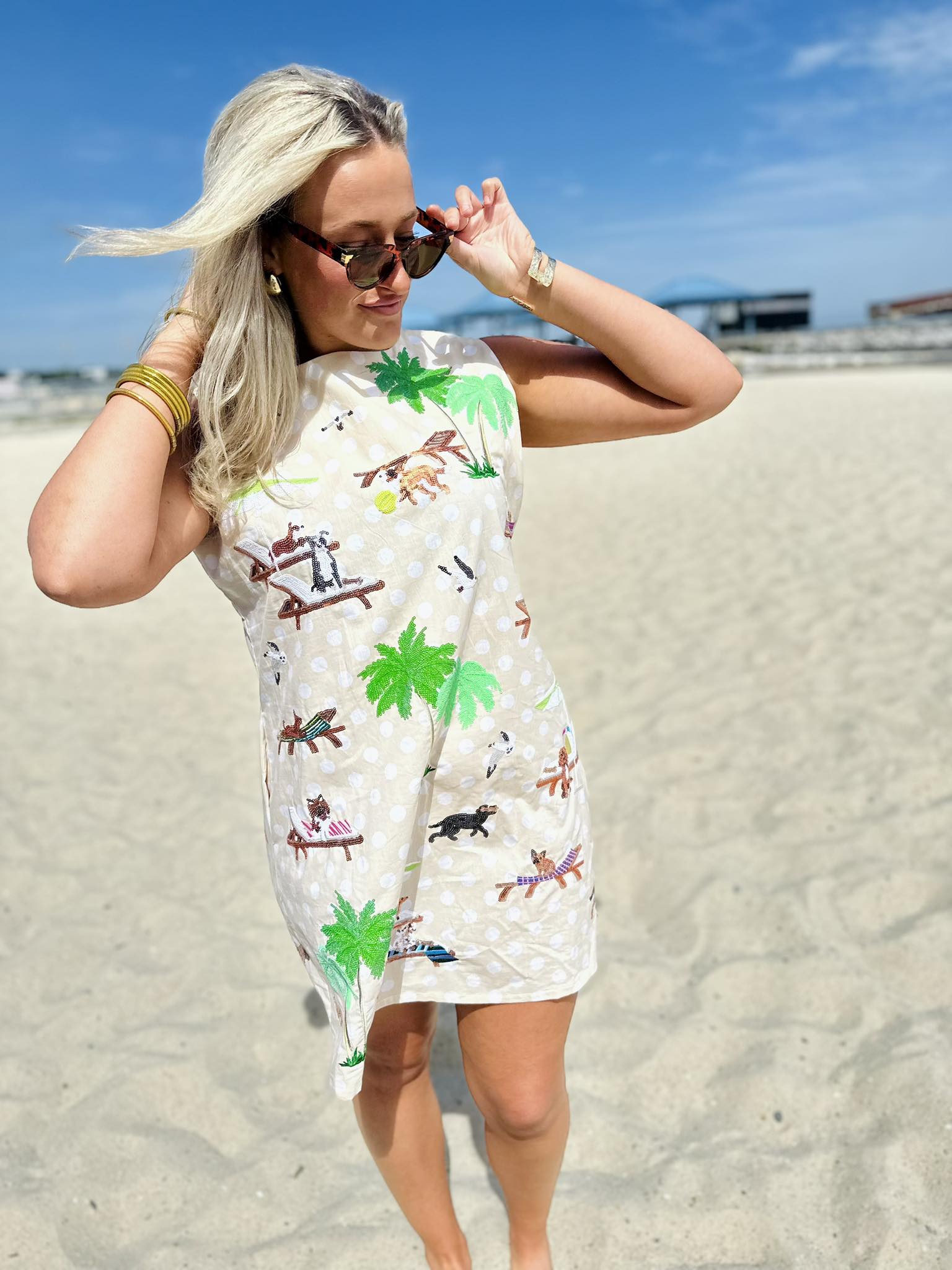 Queen Of Sparkles Beige & White Polka Dot Dogs at the Beach Tank Dress