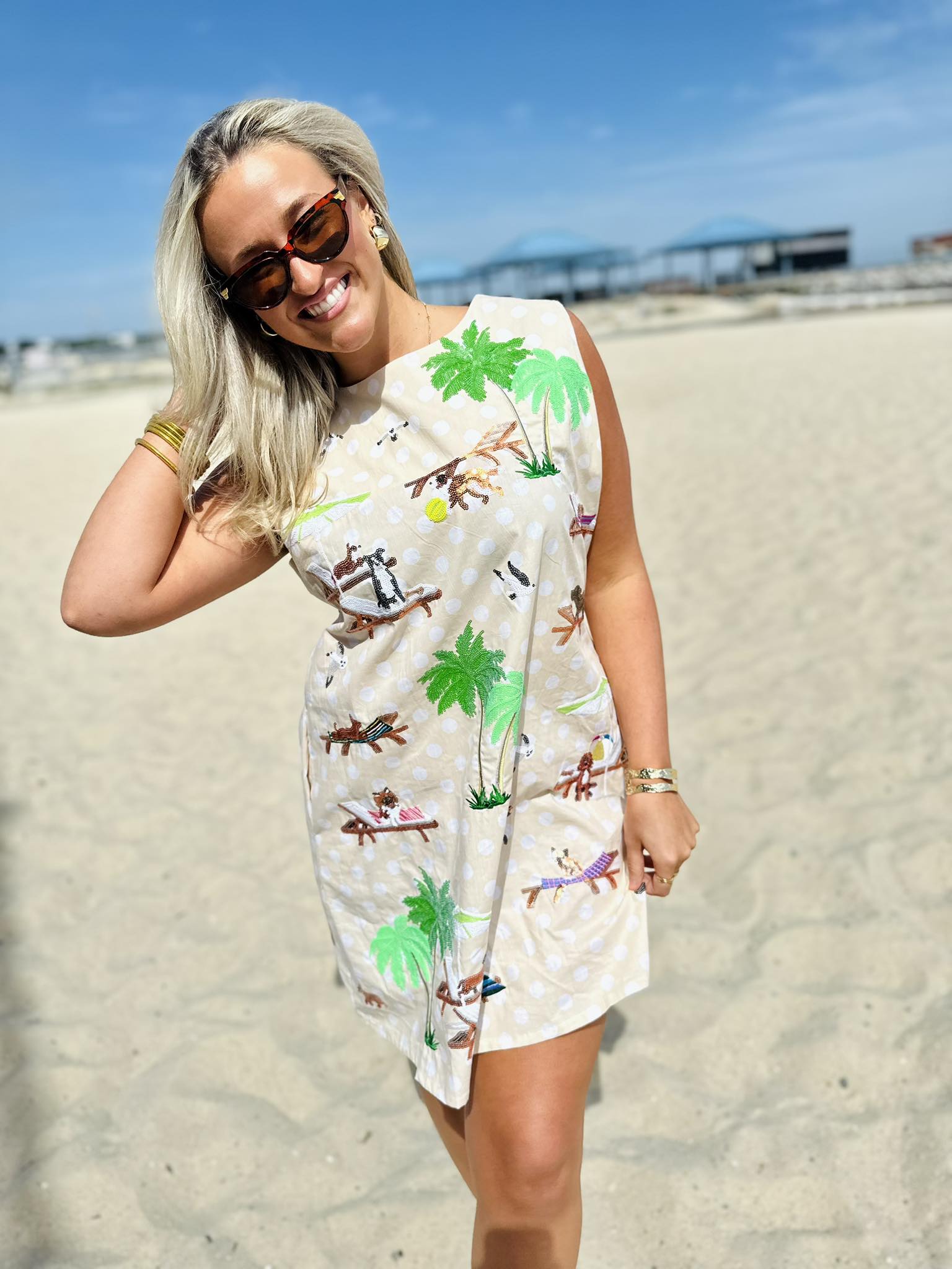 Queen Of Sparkles Beige & White Polka Dot Dogs at the Beach Tank Dress