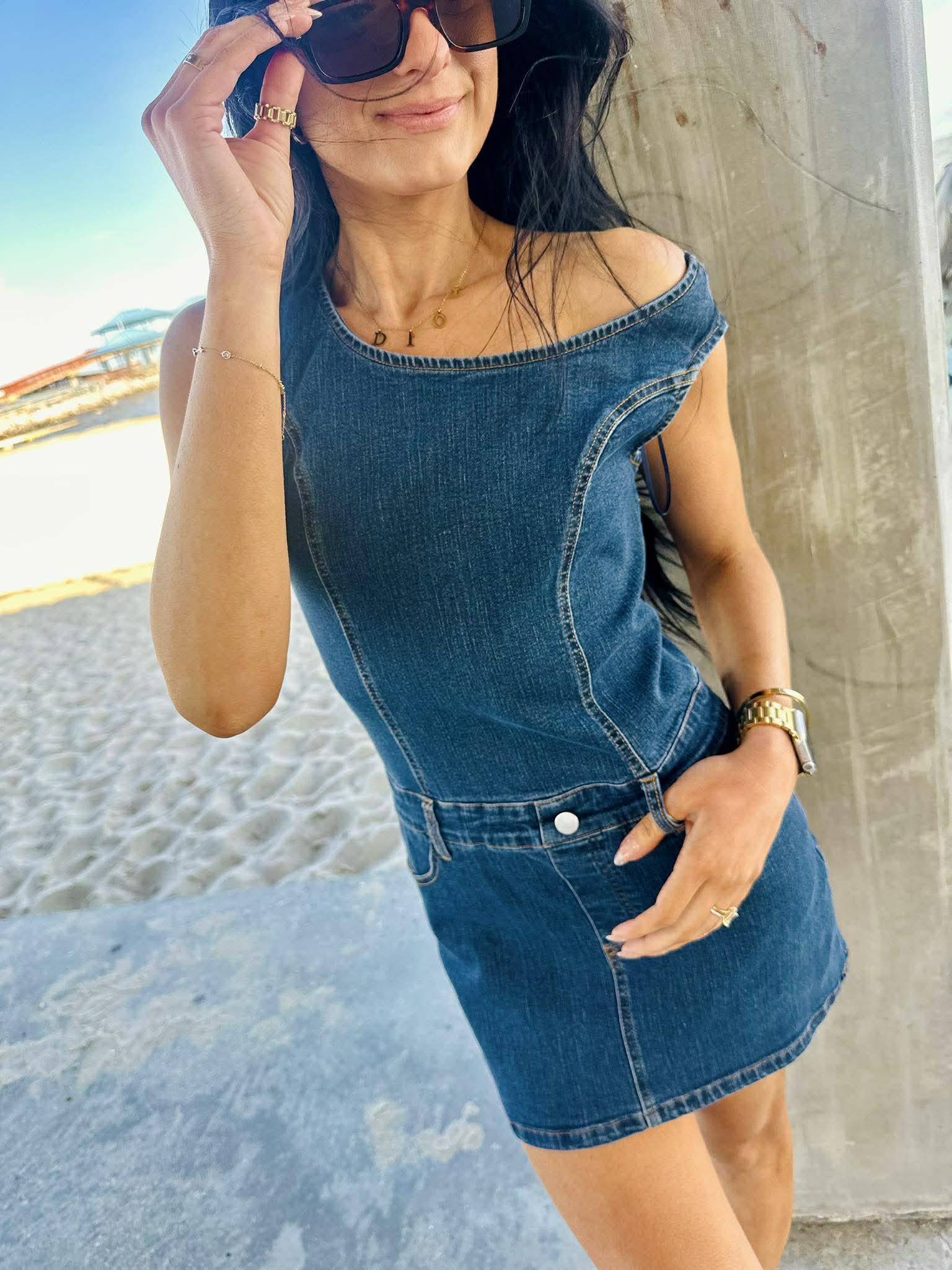 Asymmetrical Shoulder Denim Dress Medium