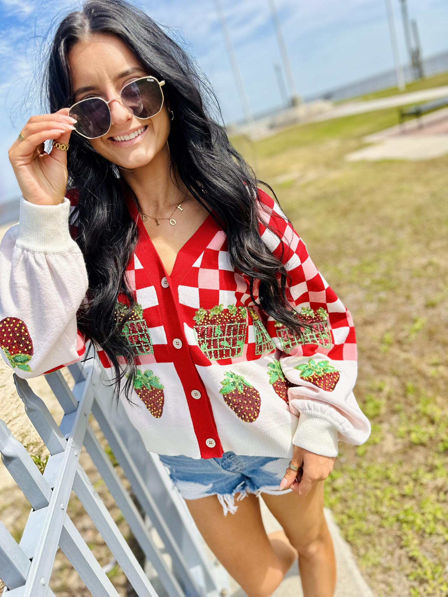 Queen Of Sparkles Red & White Checkered Strawberry Button Up Cardigan