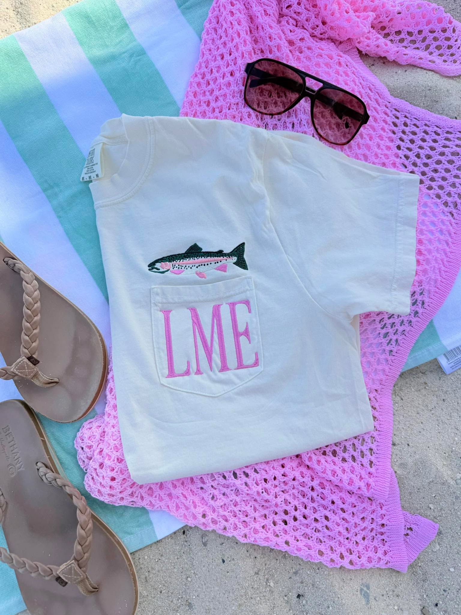 Pink Trout Initial Ivory Pocket Graphic Tee