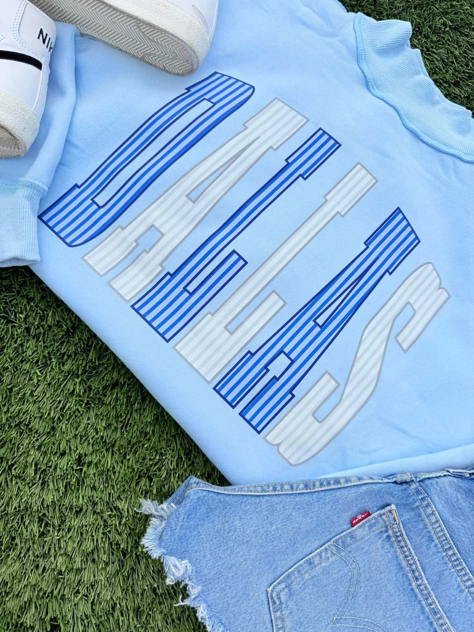 Arched Striped Mascot Light Blue Mock Neck- #GAME100