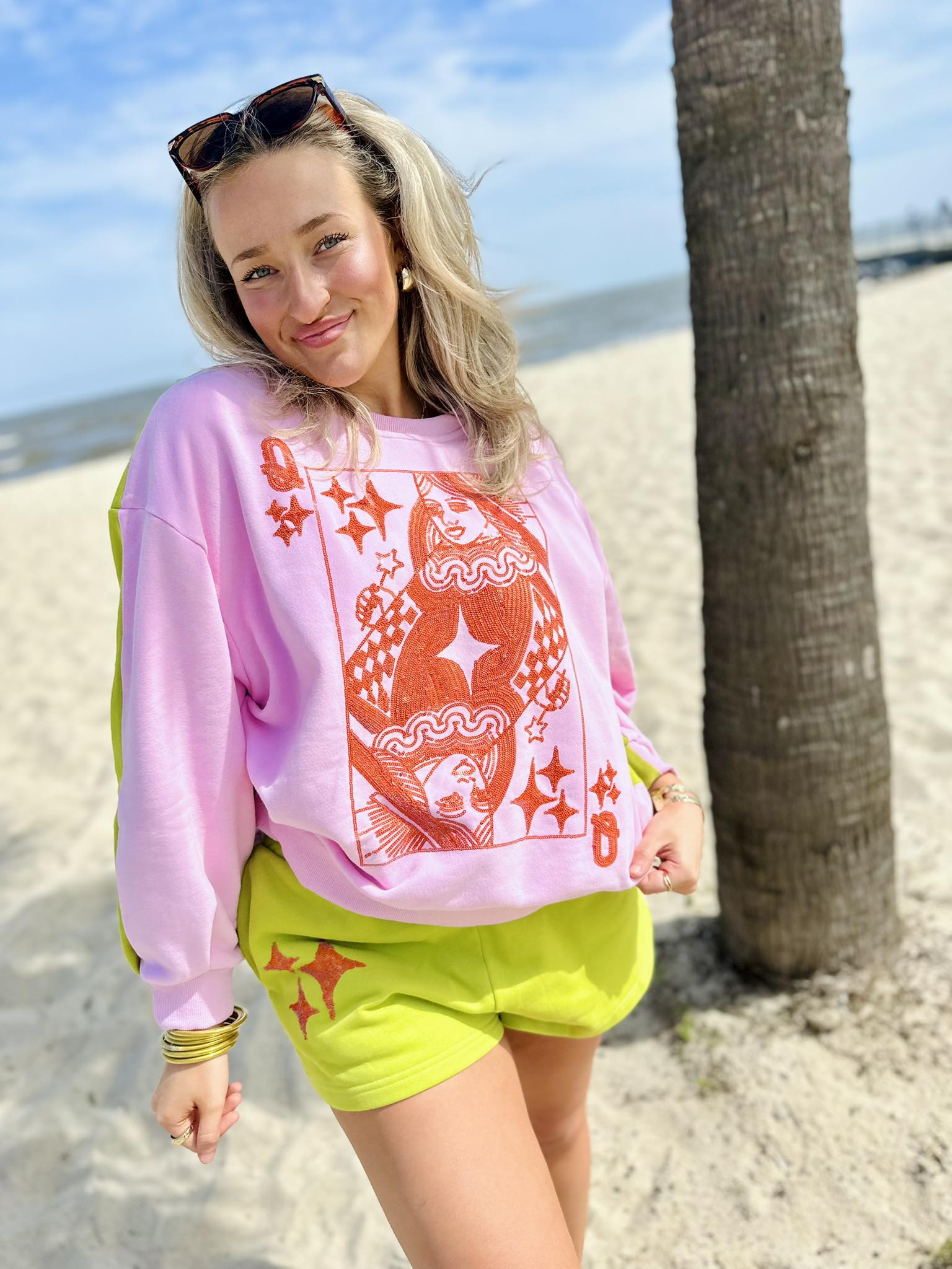 Queen Of Sparkles Pink & Green Colorblock Orange QOS Logo Card Sweatshirt