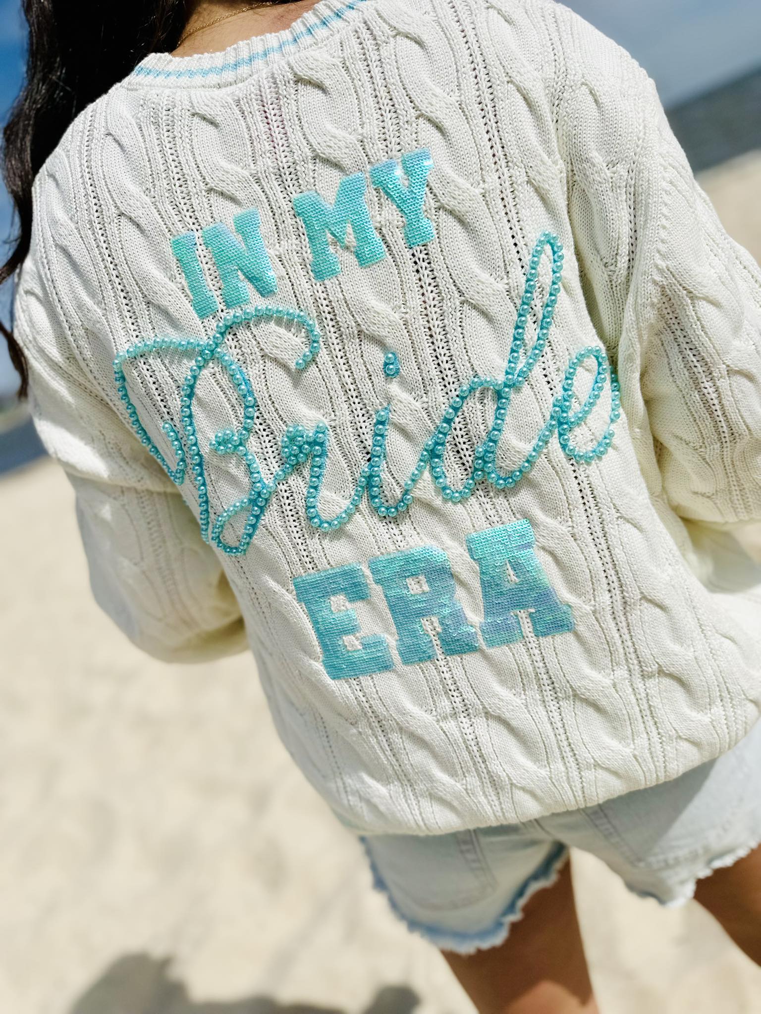 Queen Of Sparkles White & Blue 'In My Bride Era' Sequin & Pearl Button Up Cardigan