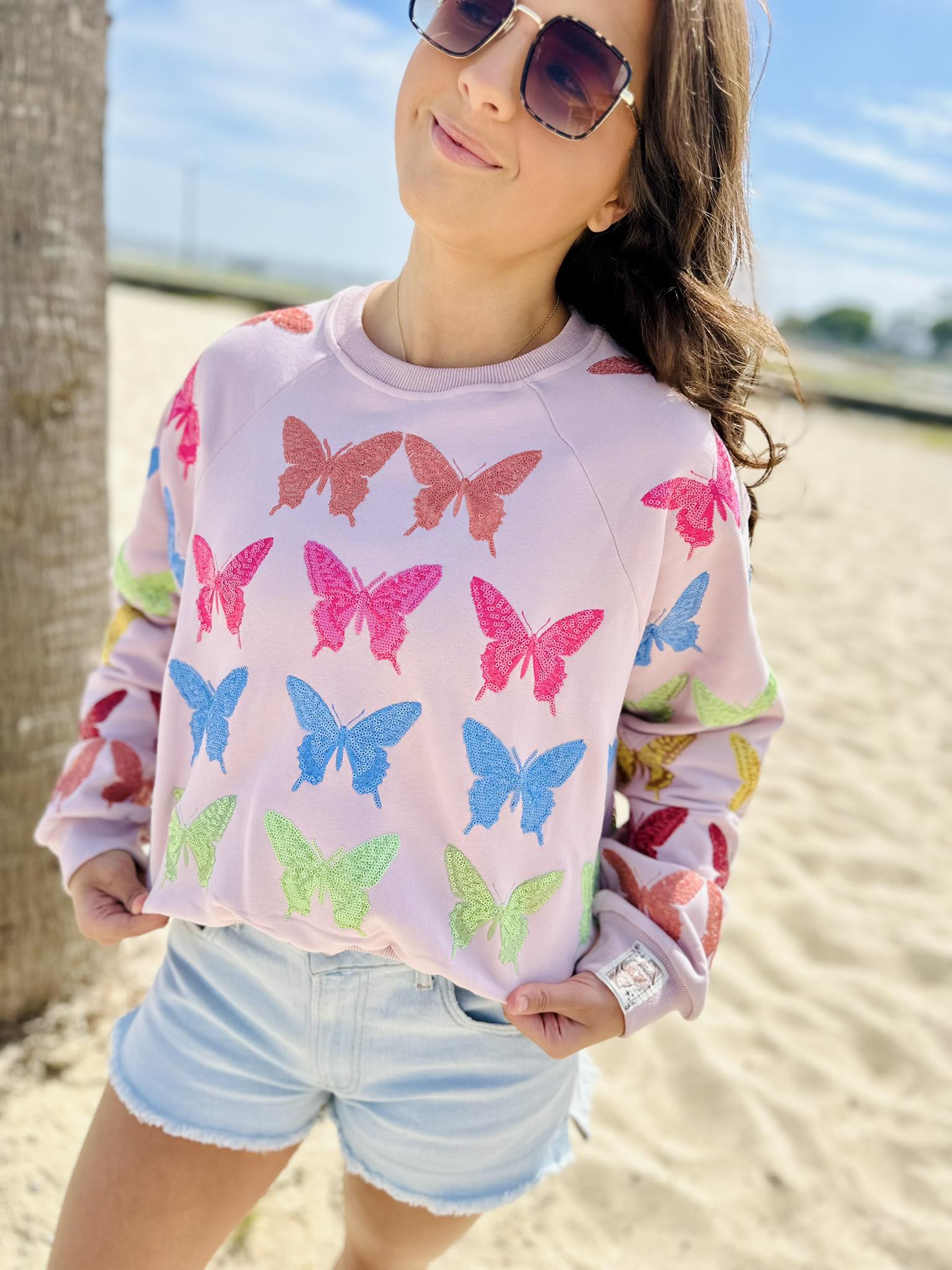 Queen Of Sparkles Light Pink Multi Butterfly Sweatshirt