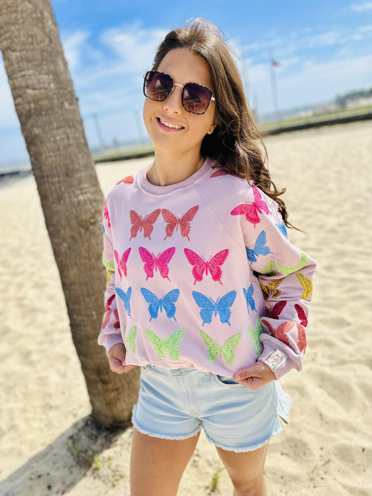 Queen Of Sparkles Light Pink Multi Butterfly Sweatshirt