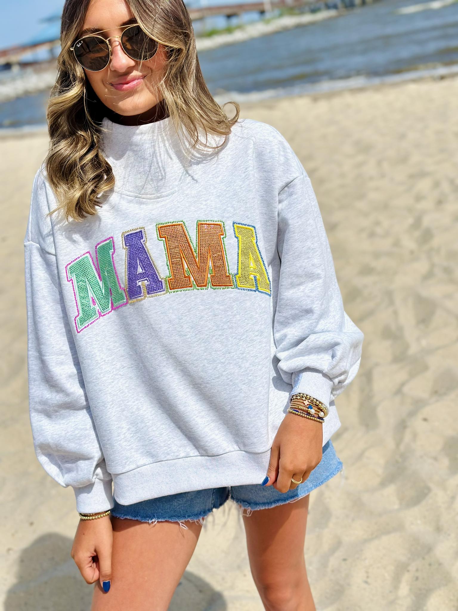 Queen Of Sparkles Grey Multi 'Mama' Mock Neck Sweatshirt