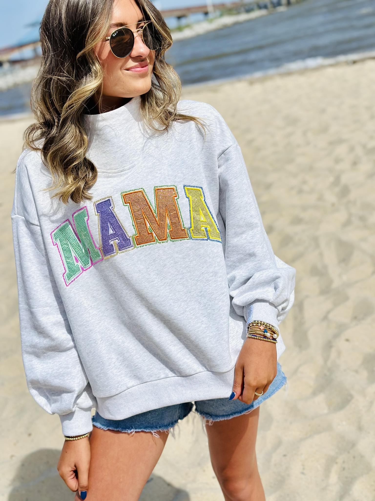 Queen Of Sparkles Grey Multi 'Mama' Mock Neck Sweatshirt