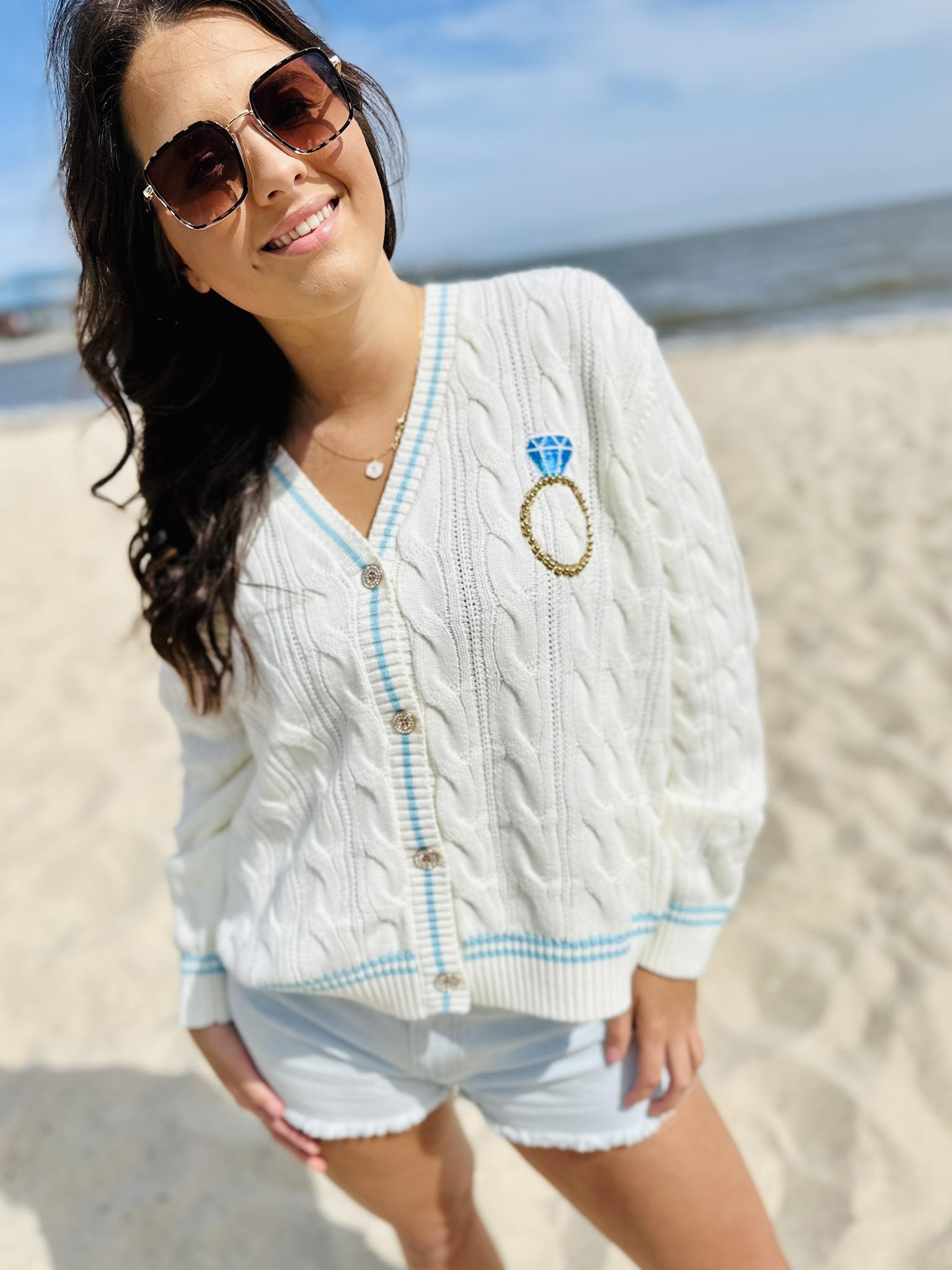 Queen Of Sparkles White & Blue 'In My Bride Era' Sequin & Pearl Button Up Cardigan