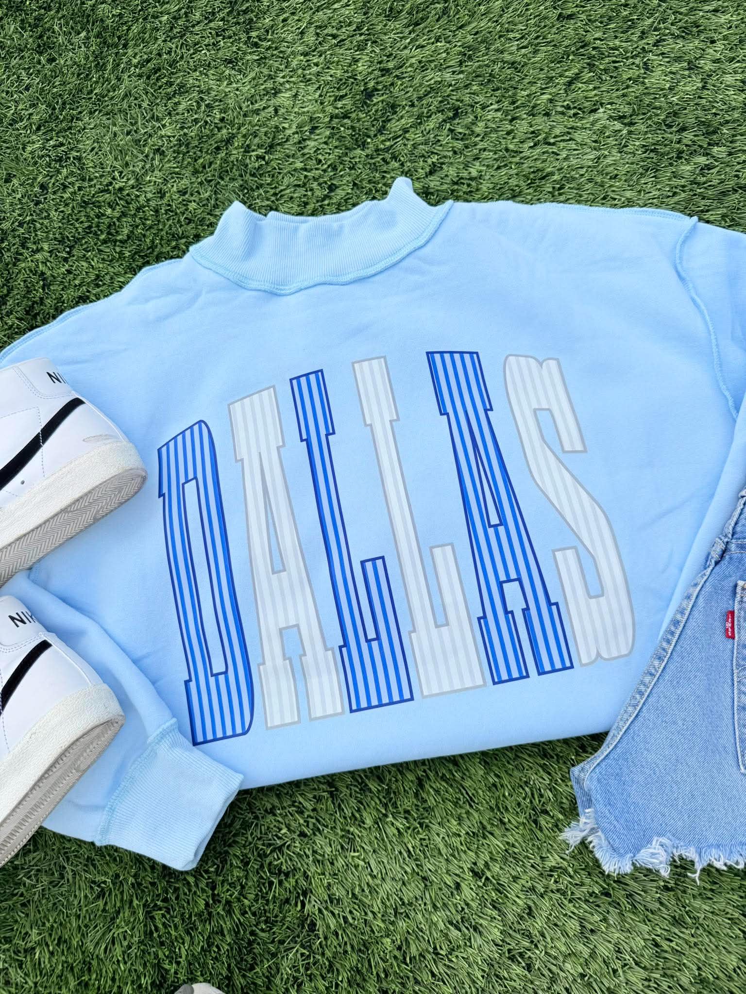 Arched Striped Mascot Light Blue Mock Neck- #GAME100