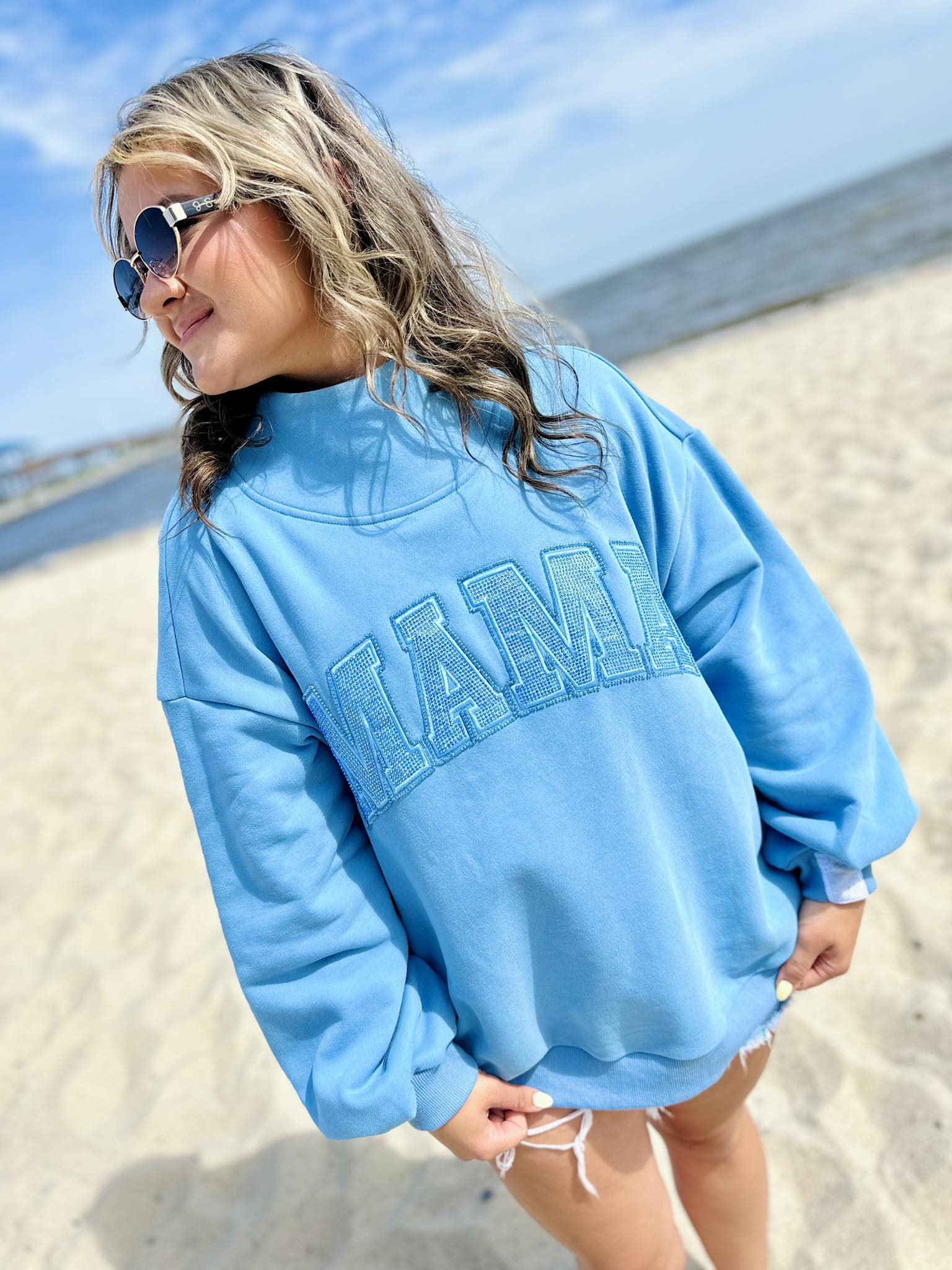 Queen Of Sparkles Light Blue 'Mama' Mock Neck Sweatshirt
