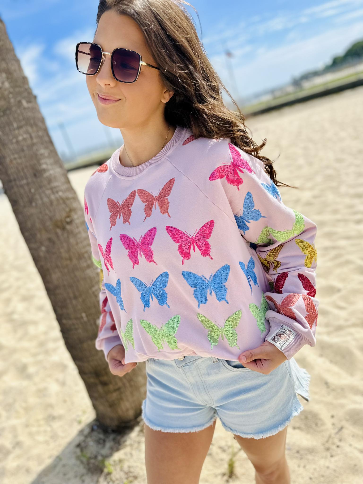 Queen Of Sparkles Light Pink Multi Butterfly Sweatshirt