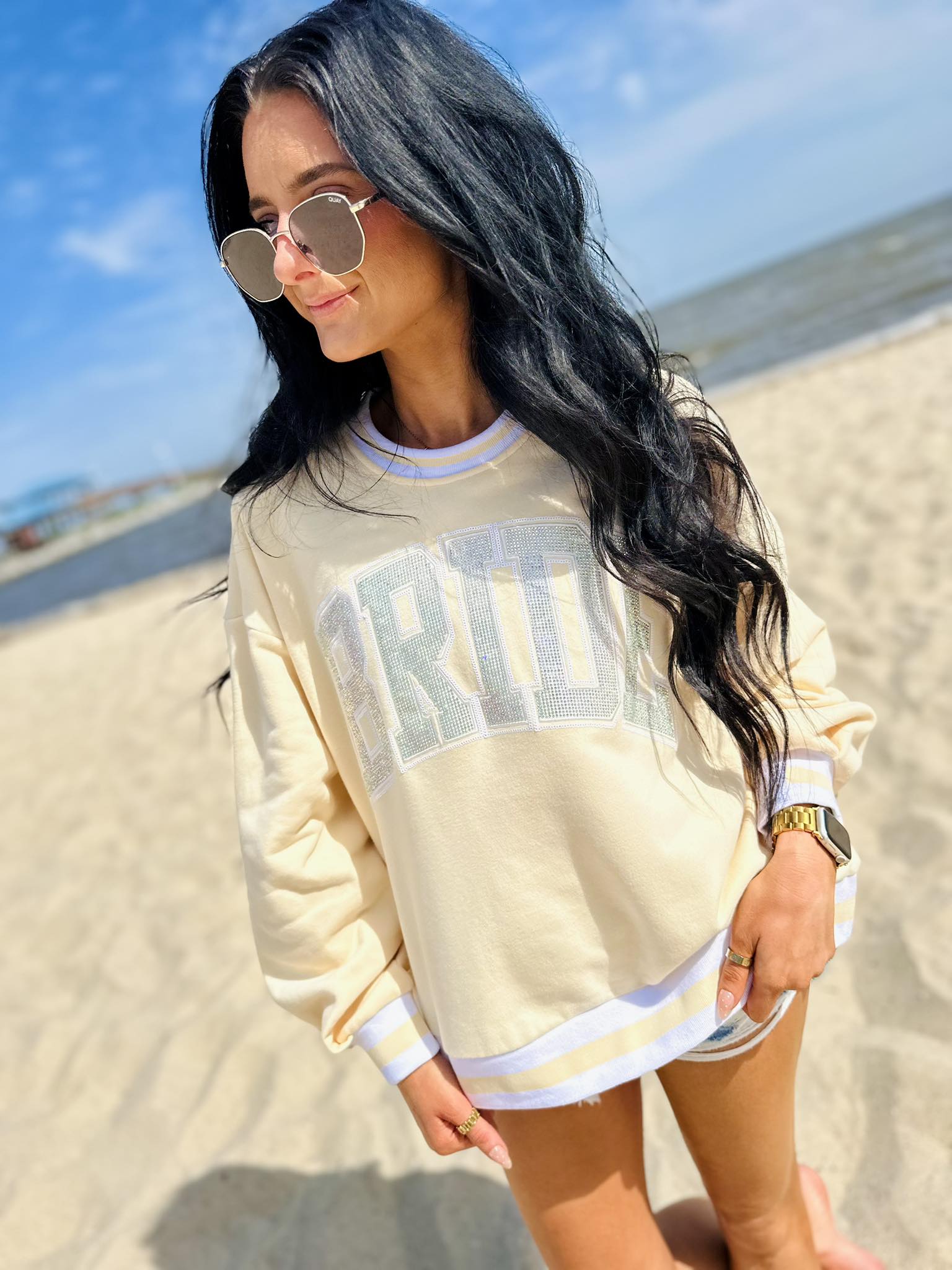 Queen Of Sparkles Beige & White Rhinestone 'Bride' Sweatshirt