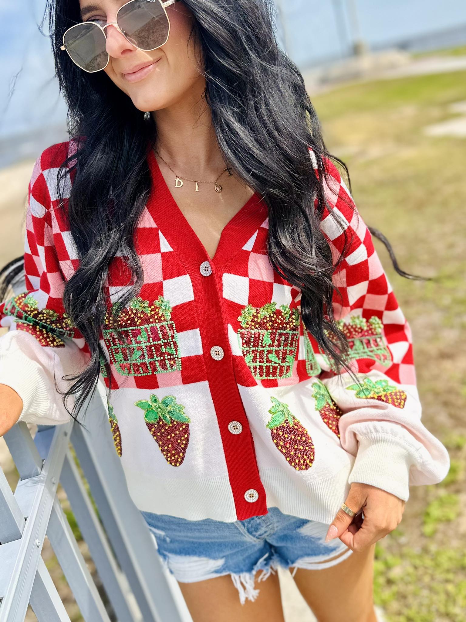 Queen Of Sparkles Red & White Checkered Strawberry Button Up Cardigan