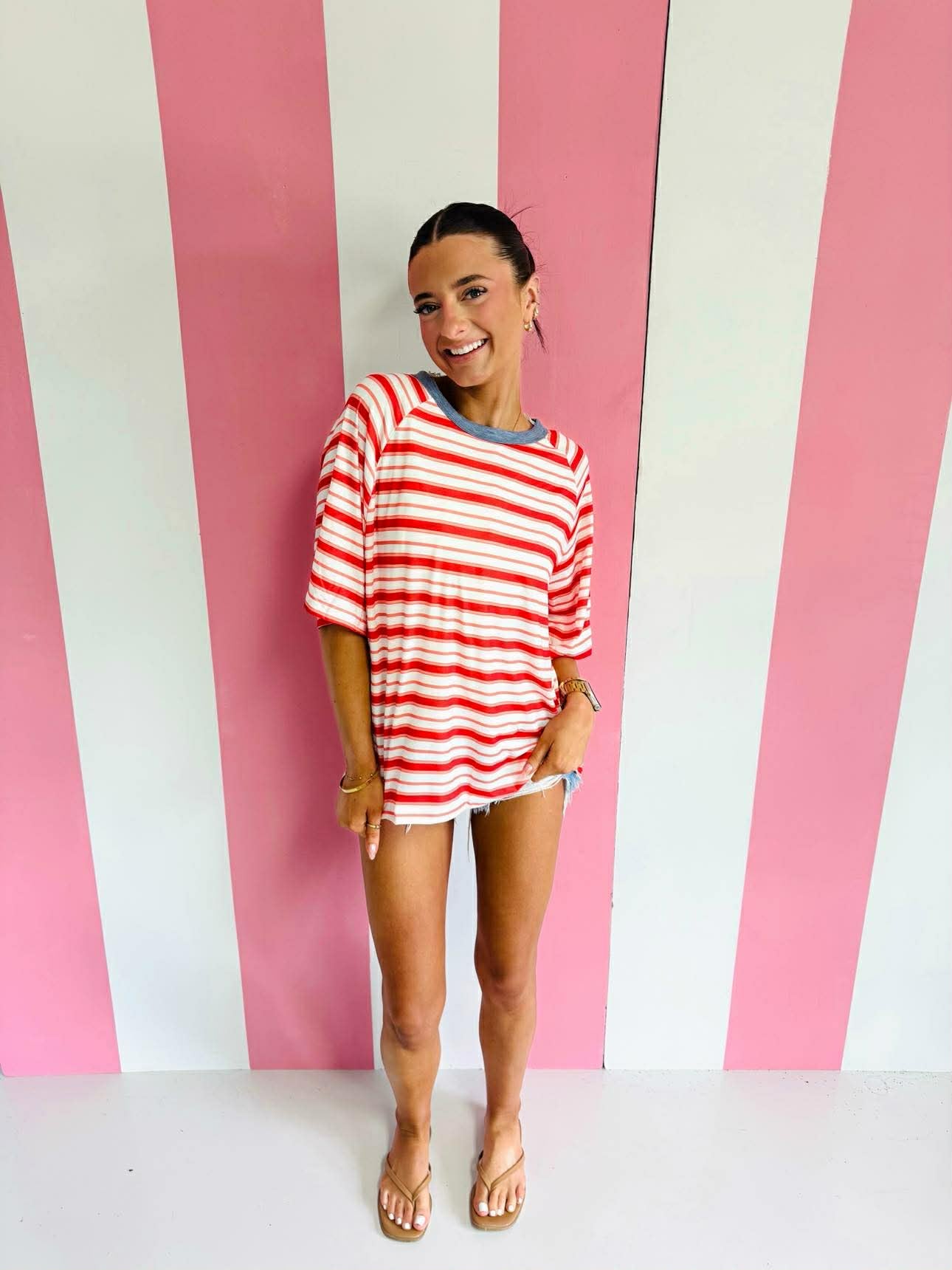 Stripe Contrast Collar Raglan Sleeve T-shirt