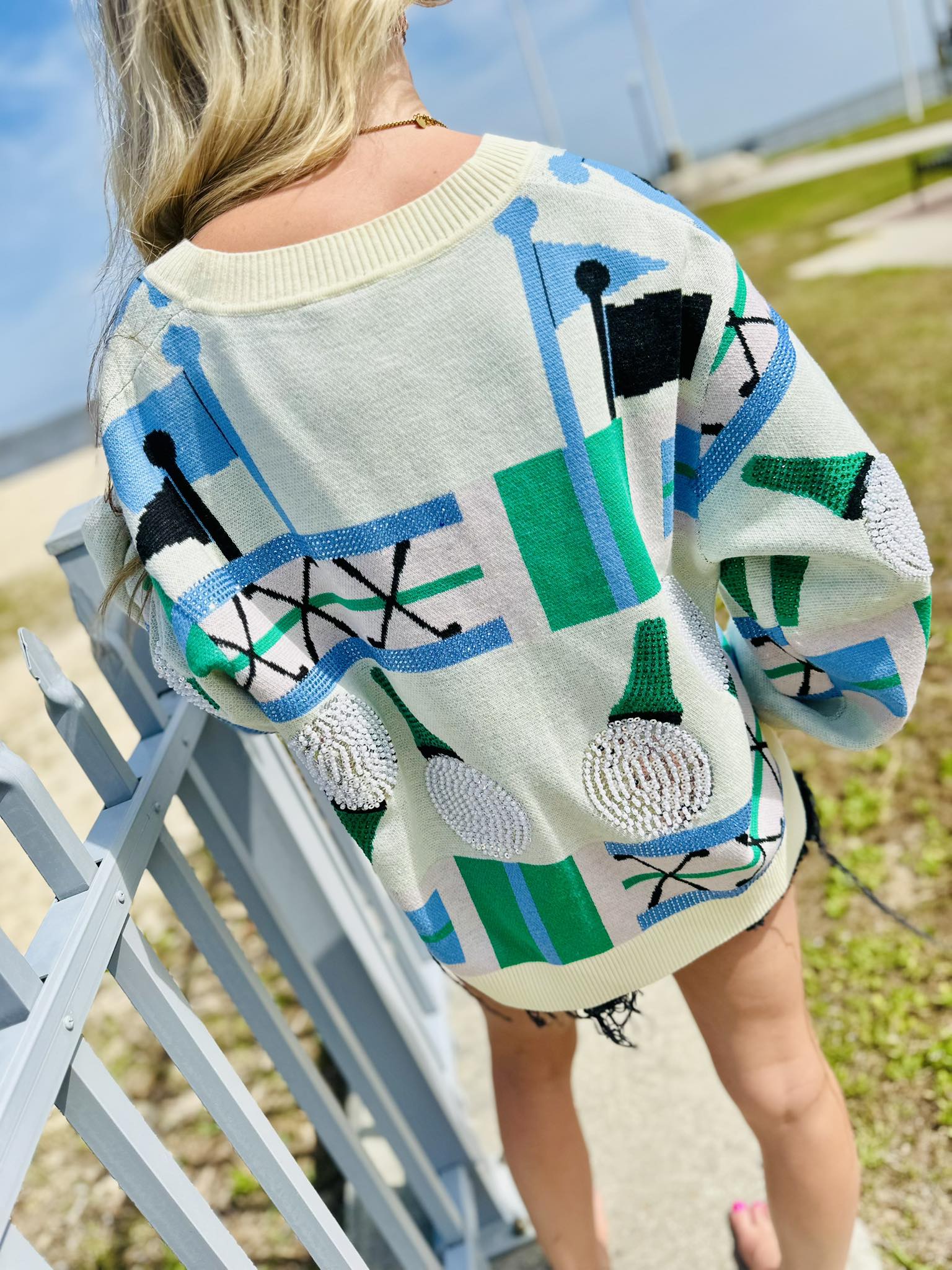 Queen Of Sparkles Multi Golf Ball on Tee Icon Button Up Cardigan