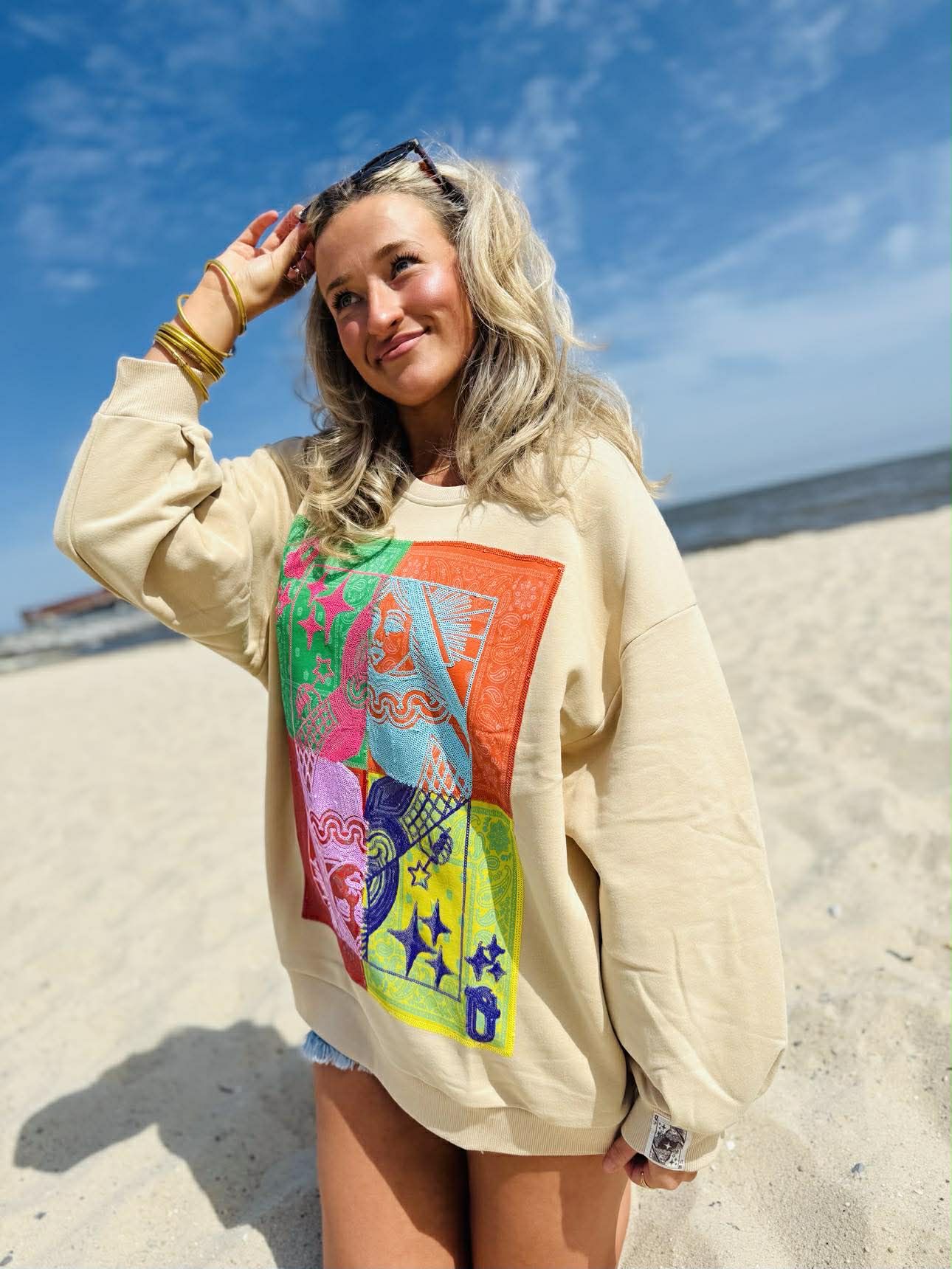 Queen Of Sparkles Beige Colorblock Bandana QOS Card Logo Sweatshirt