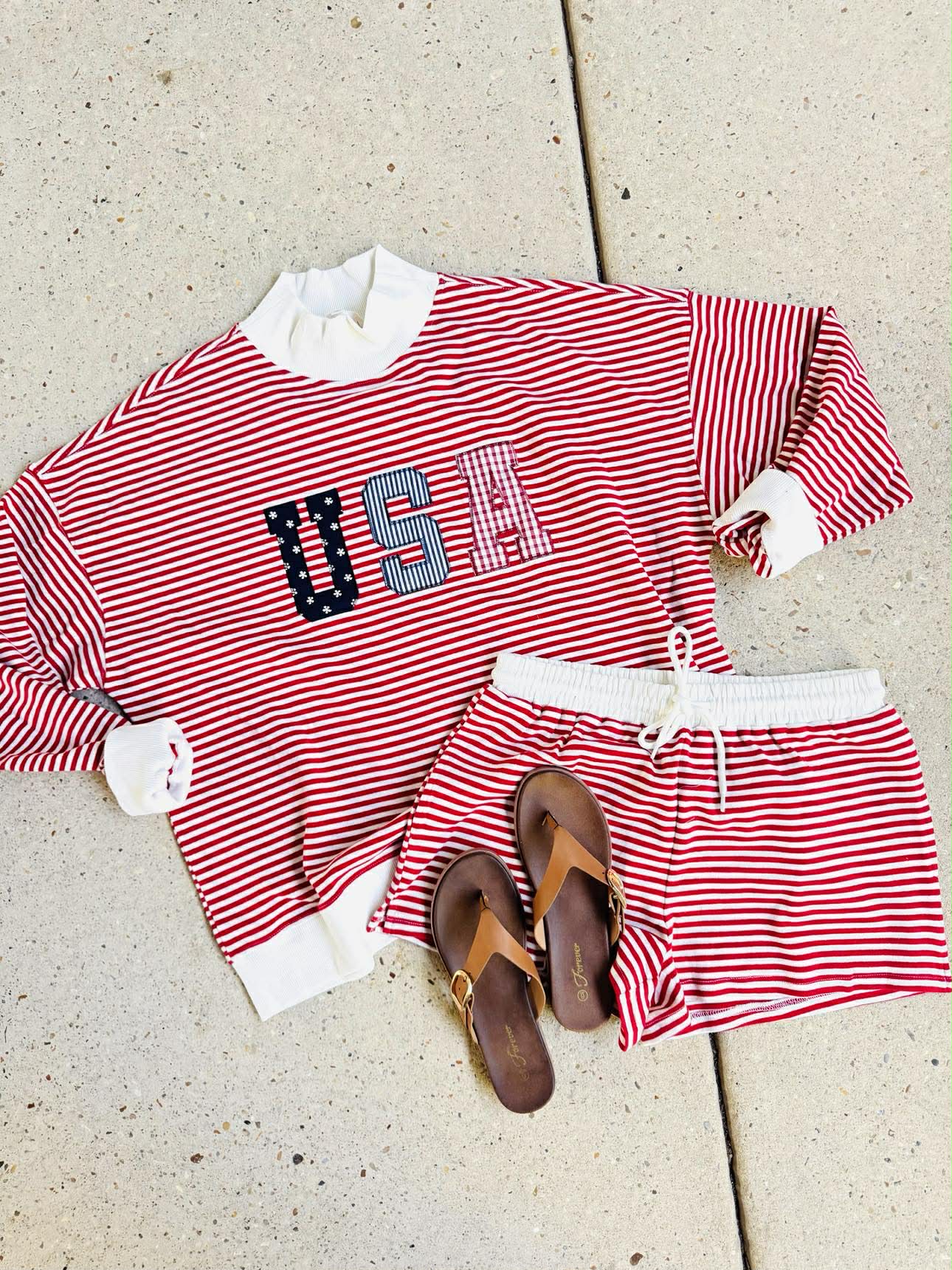 Mock Neck USA Striped Shorts Set