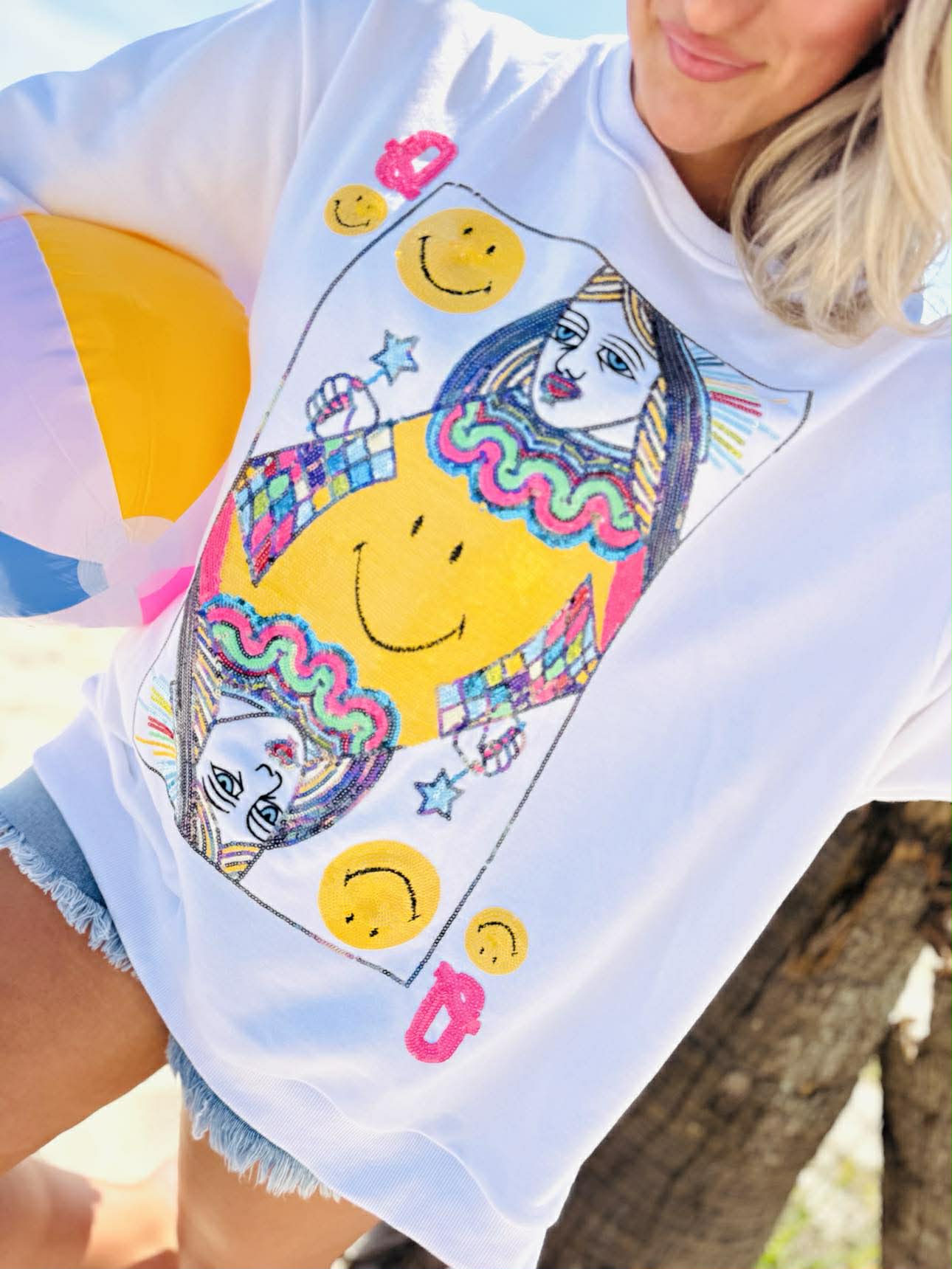 Queen Of Sparkles Licensed White Smiley Queen Card Sweatshirt