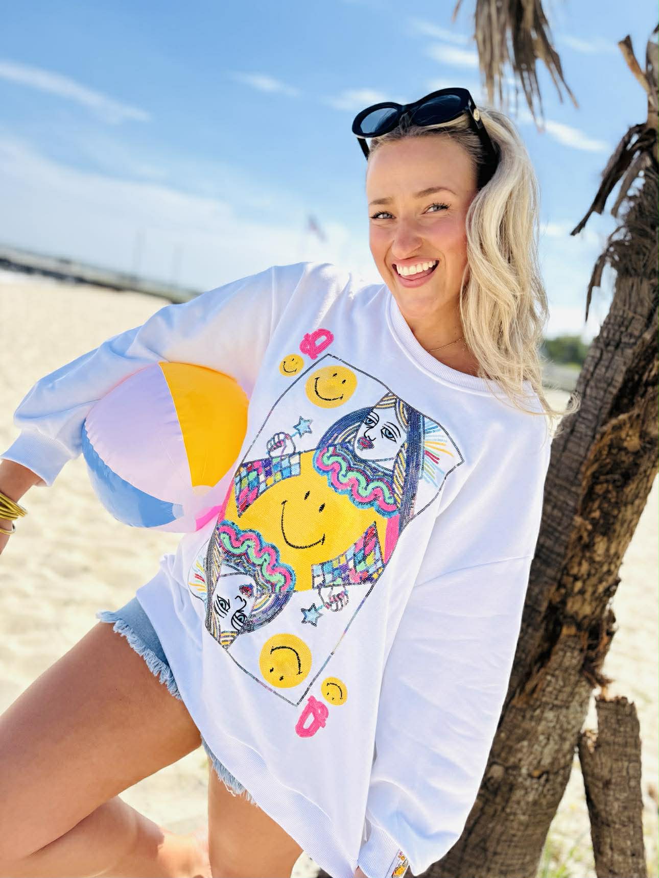 Queen Of Sparkles Licensed White Smiley Queen Card Sweatshirt