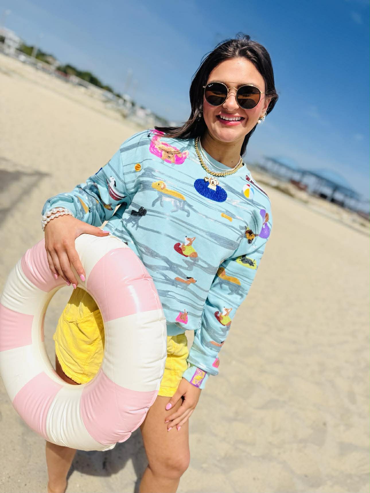 Queen Of Sparkles Blue Dogs Swimming on Floats Sweatshirt