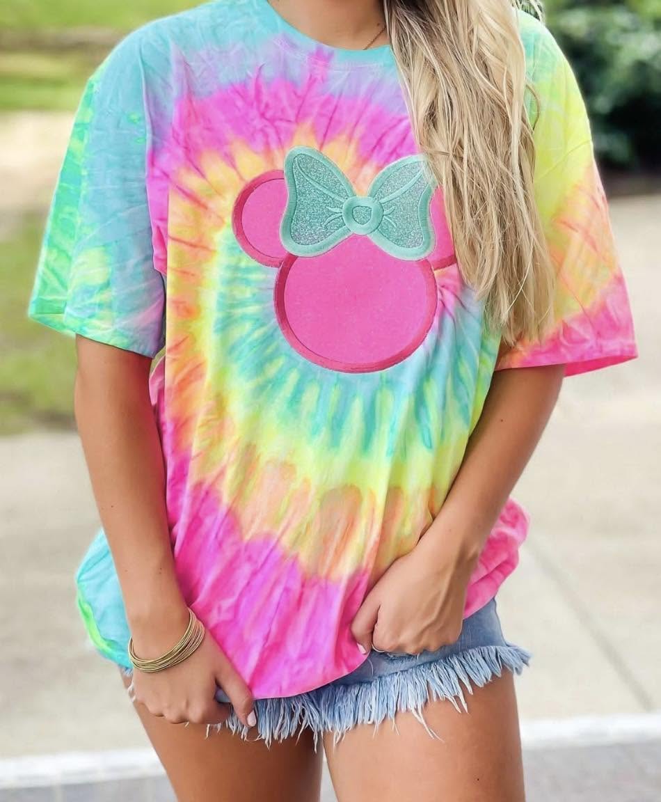 Glitter Mouse Head Minty Tie Dye Chambray Graphic Tee