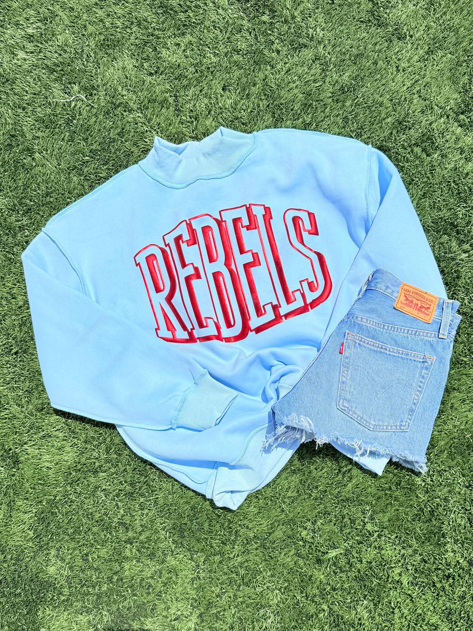 Custom Bold Outline Puff Mascot Light Blue Mock Neck - #GAME83