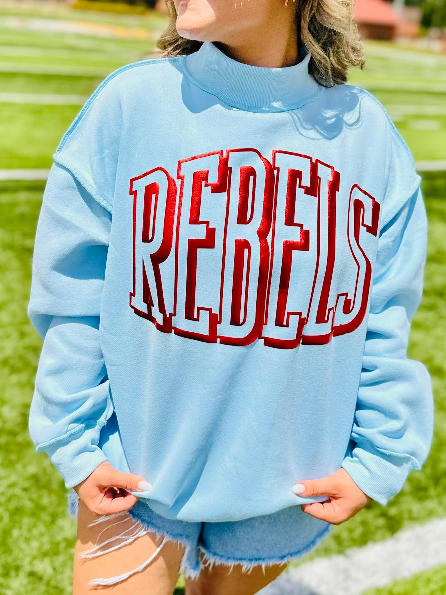 Custom Bold Outline Puff Mascot Light Blue Mock Neck - #GAME83