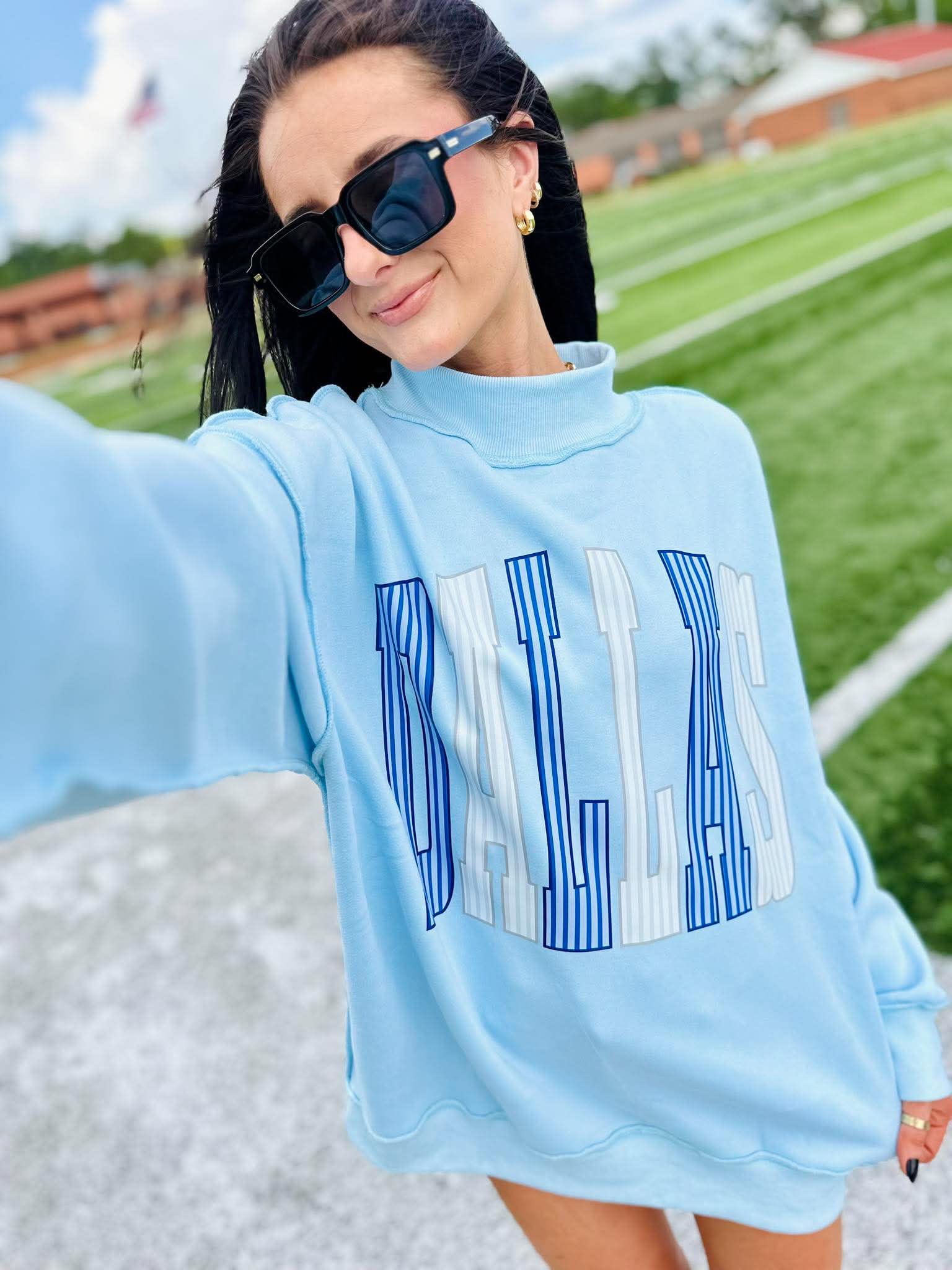 Arched Striped Mascot Light Blue Mock Neck- #GAME100