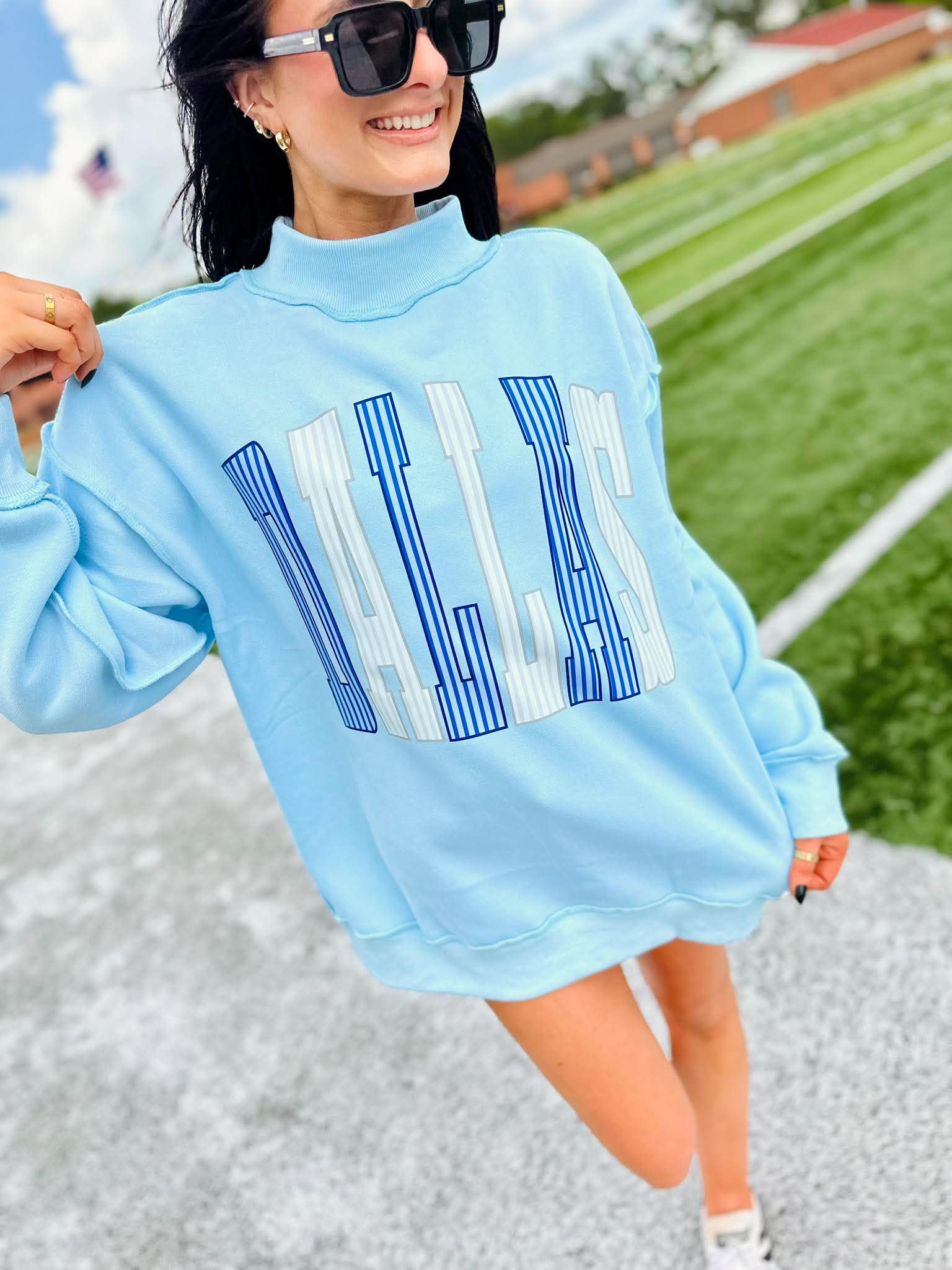 Arched Striped Mascot Light Blue Mock Neck- #GAME100