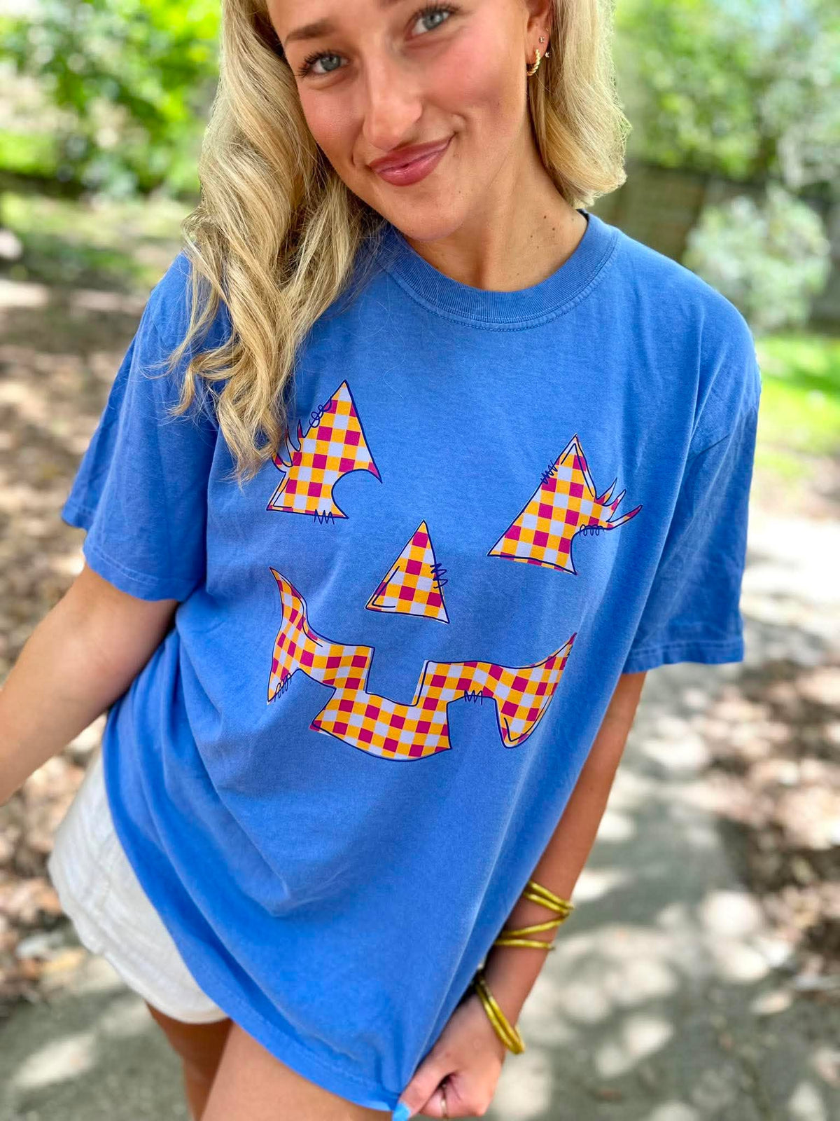 Gingham Jack-O-Lantern Flo Blue Graphic Tee