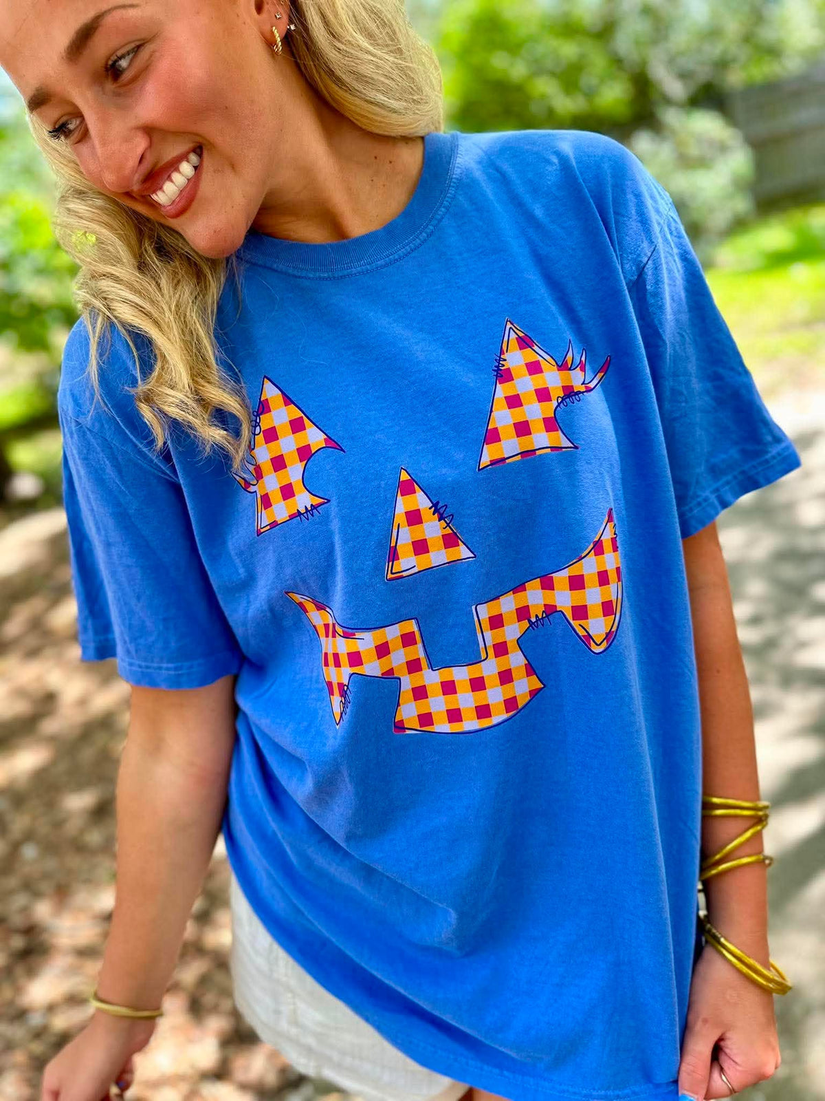 Gingham Jack-O-Lantern Flo Blue Graphic Tee
