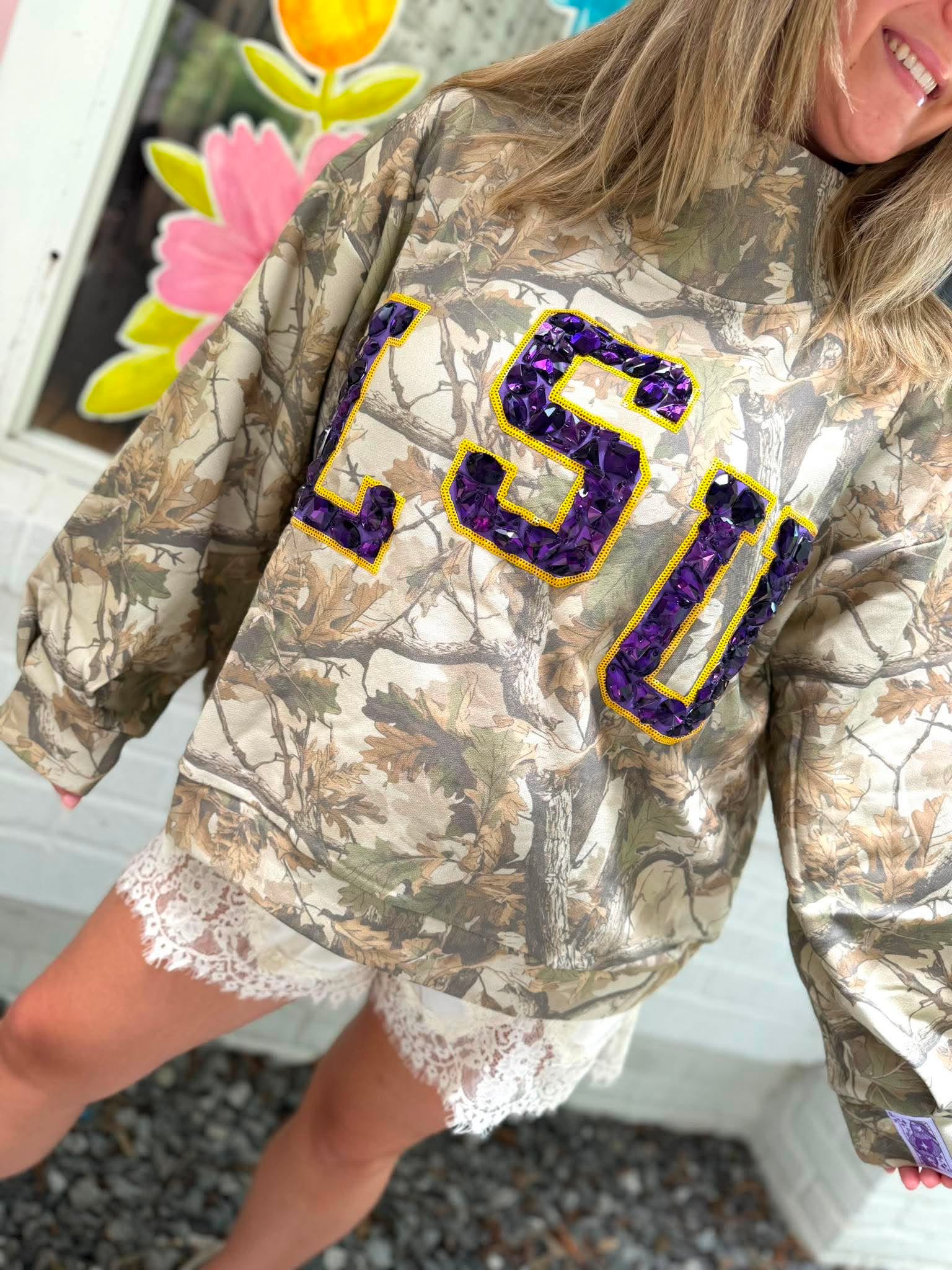 Queen Of Sparkles Licensed LSU Mock Neck Camo Sweatshirt