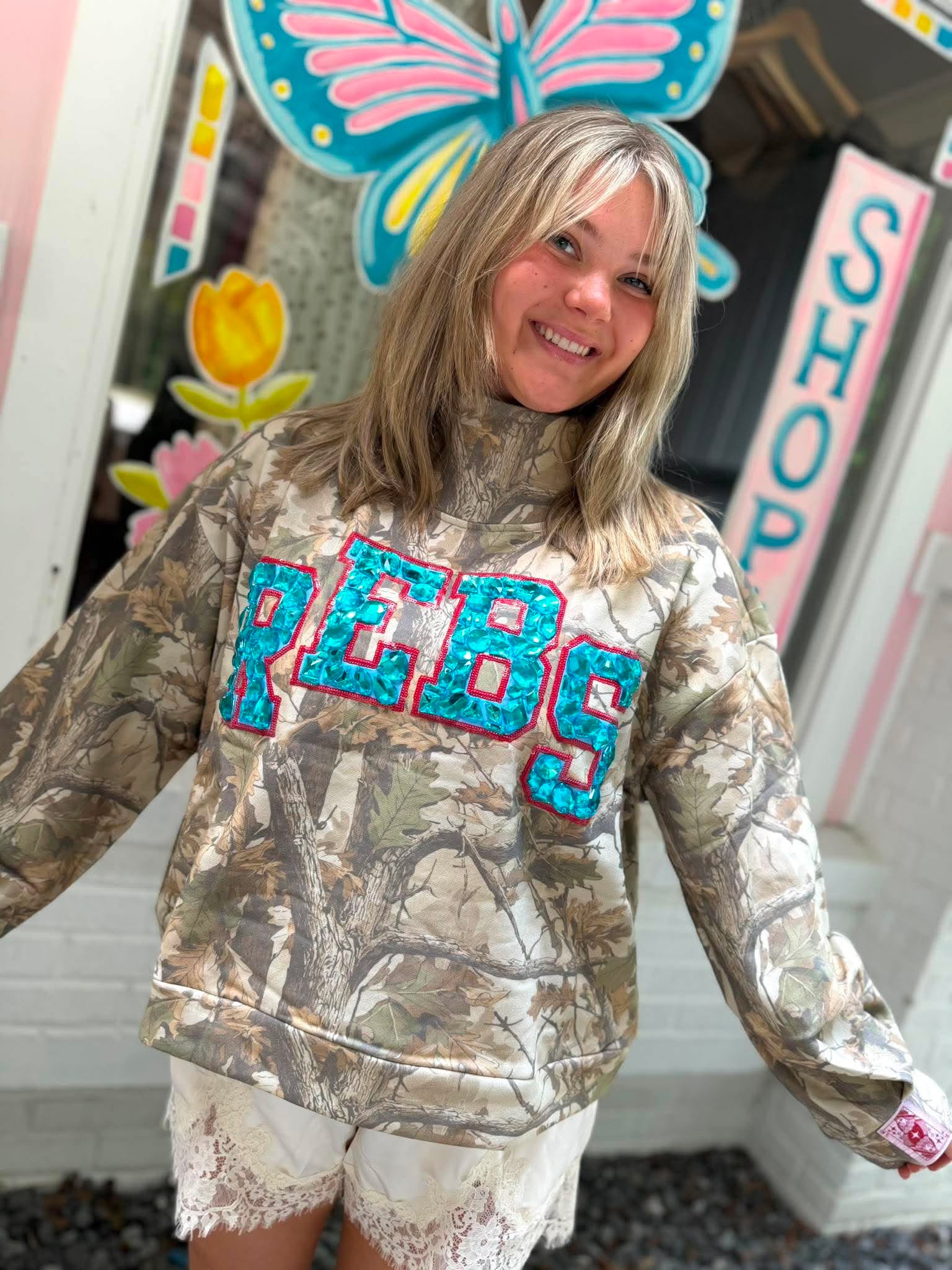 Queen Of Sparkles Licensed Ole Miss Mockneck Camo Sweatshirt