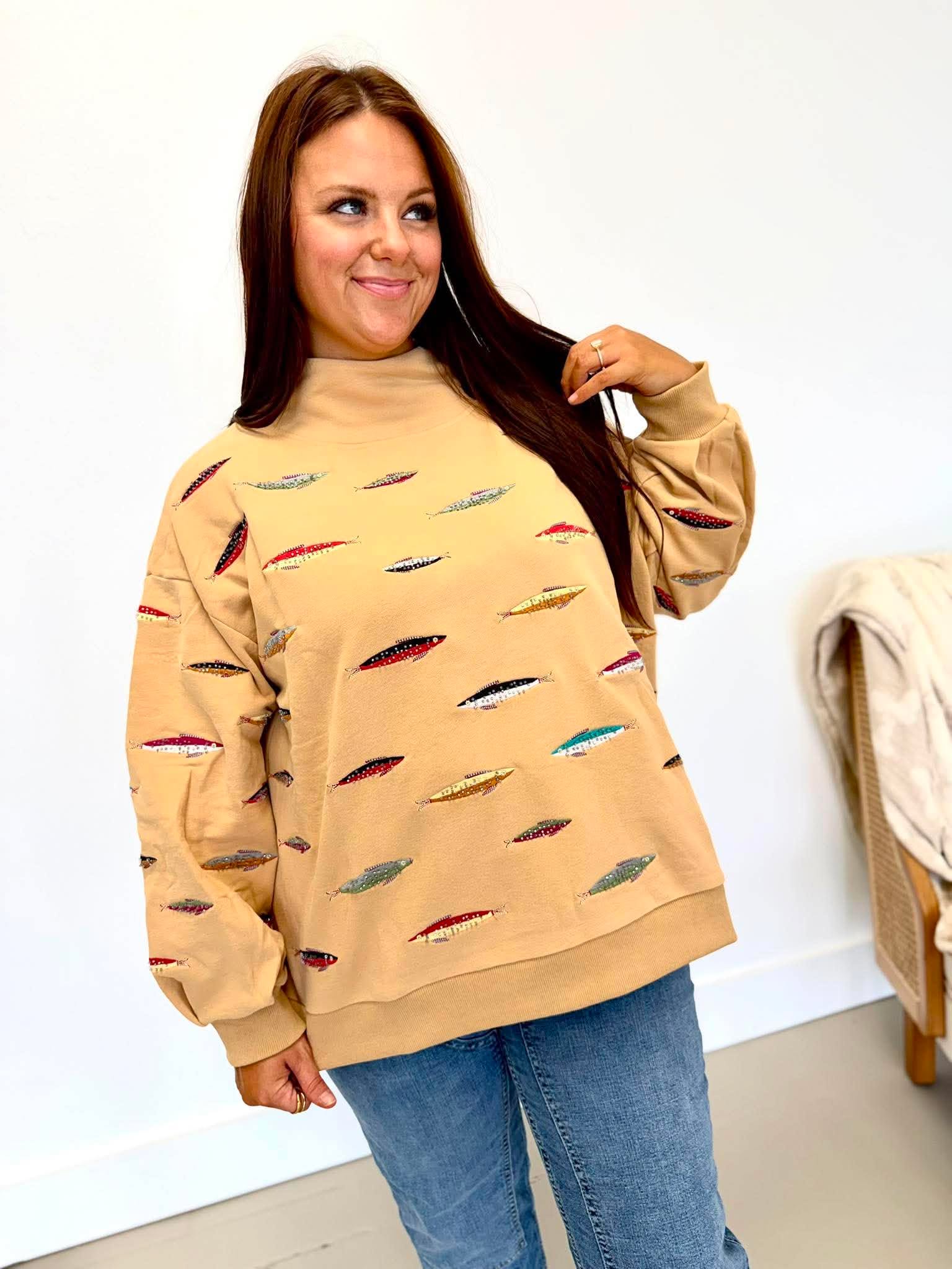 Queen Of Sparkles Tan Multi Fish Mock Neck Sweatshirt