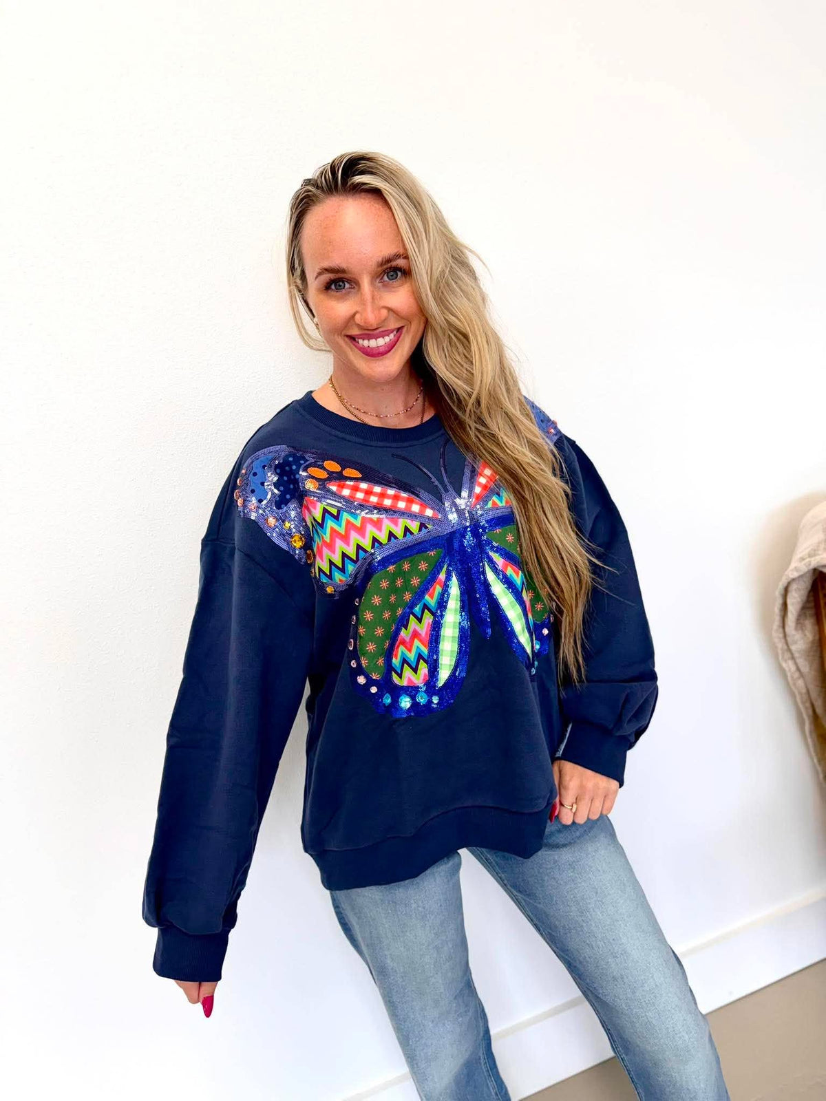 Queen Of Sparkles Navy Patchwork Butterfly Sweatshirt