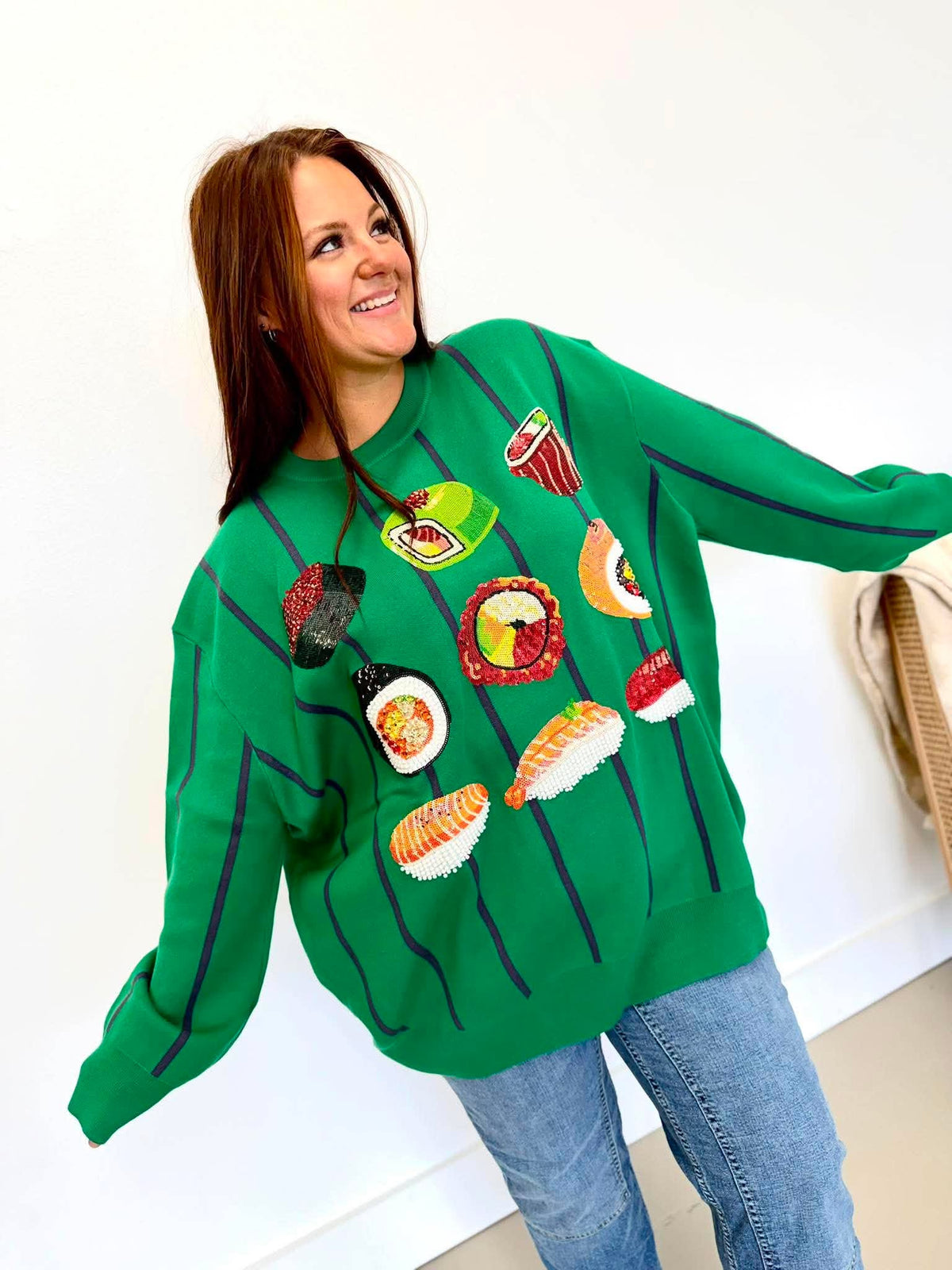 Queen Of Sparkles Green Striped Sushi Sweater