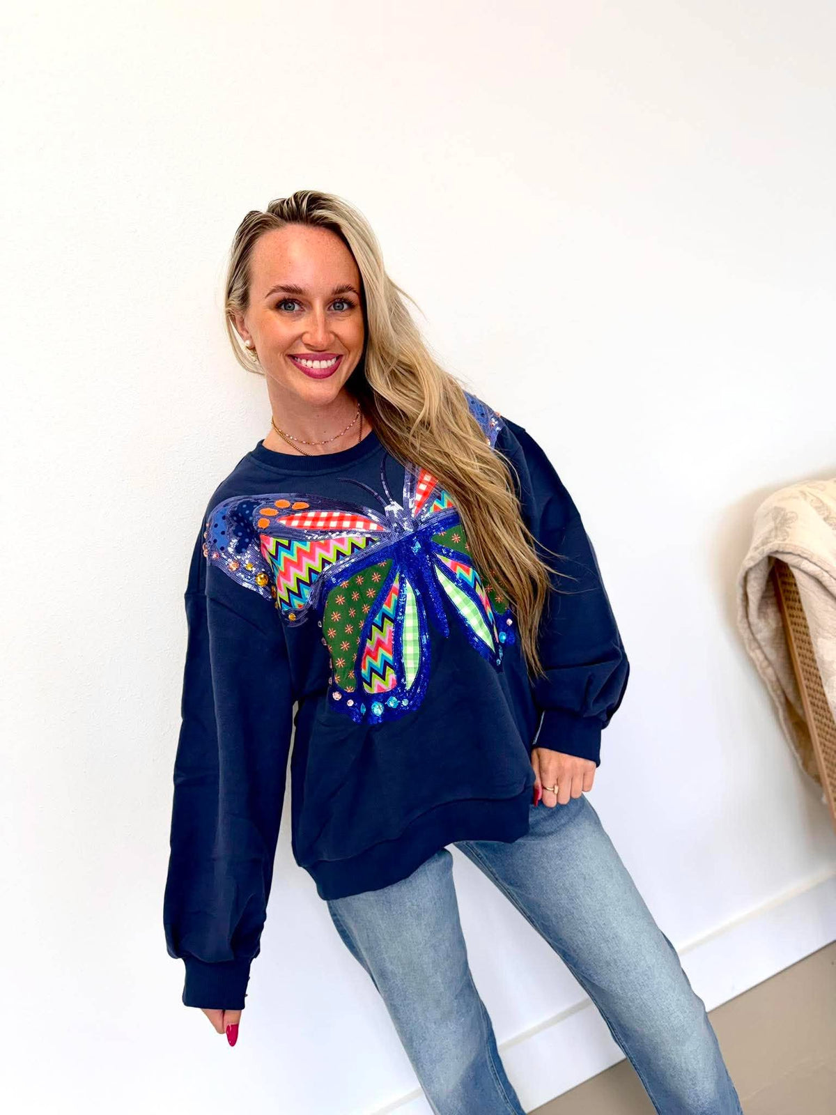 Queen Of Sparkles Navy Patchwork Butterfly Sweatshirt