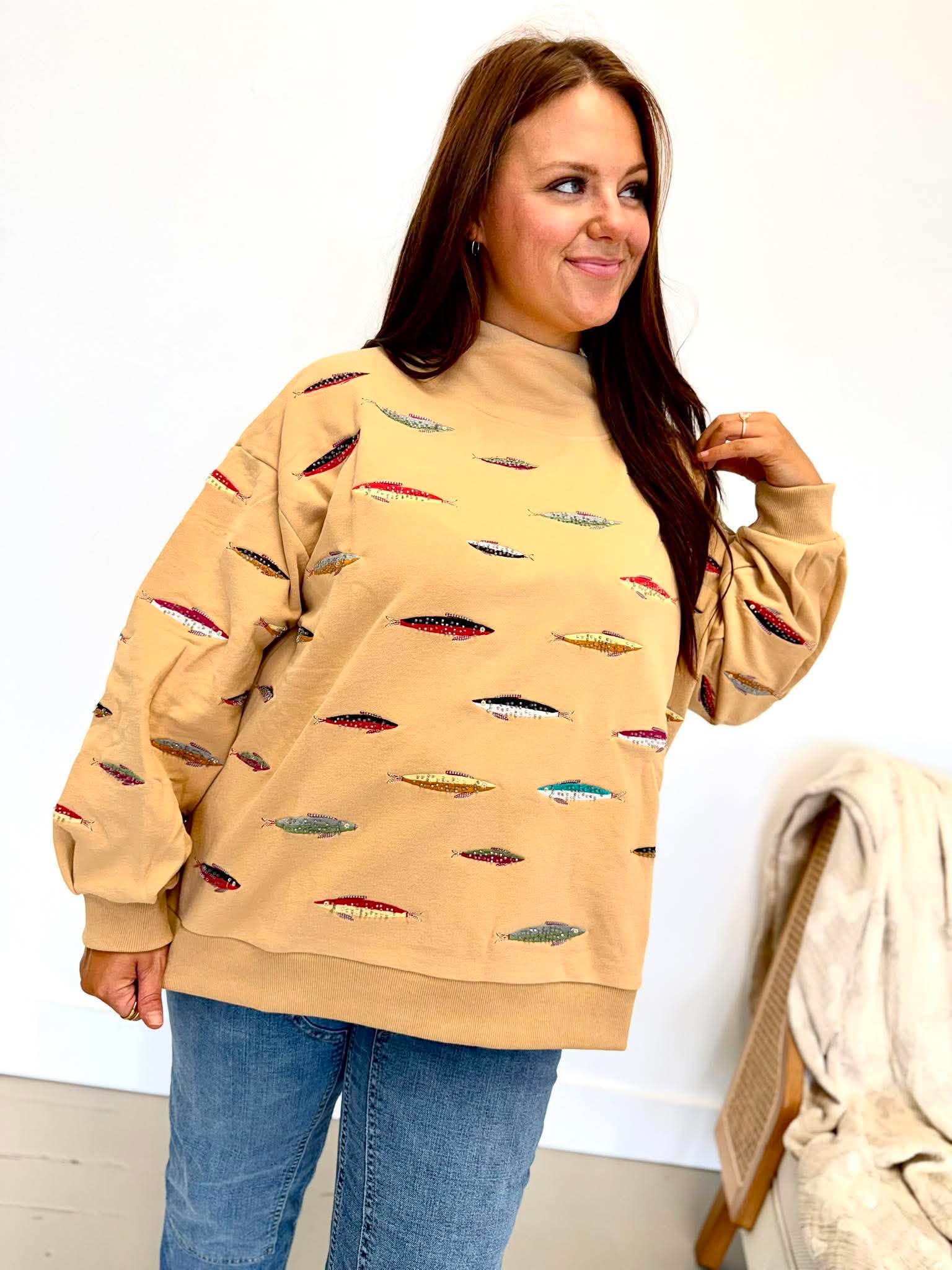 Queen Of Sparkles Tan Multi Fish Mock Neck Sweatshirt
