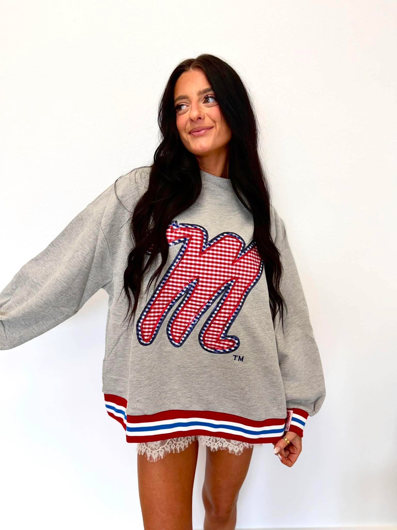 Queen Of Sparkles Licensed Ole Miss Grey Gingham Mascot Mock Neck Sweatshirt