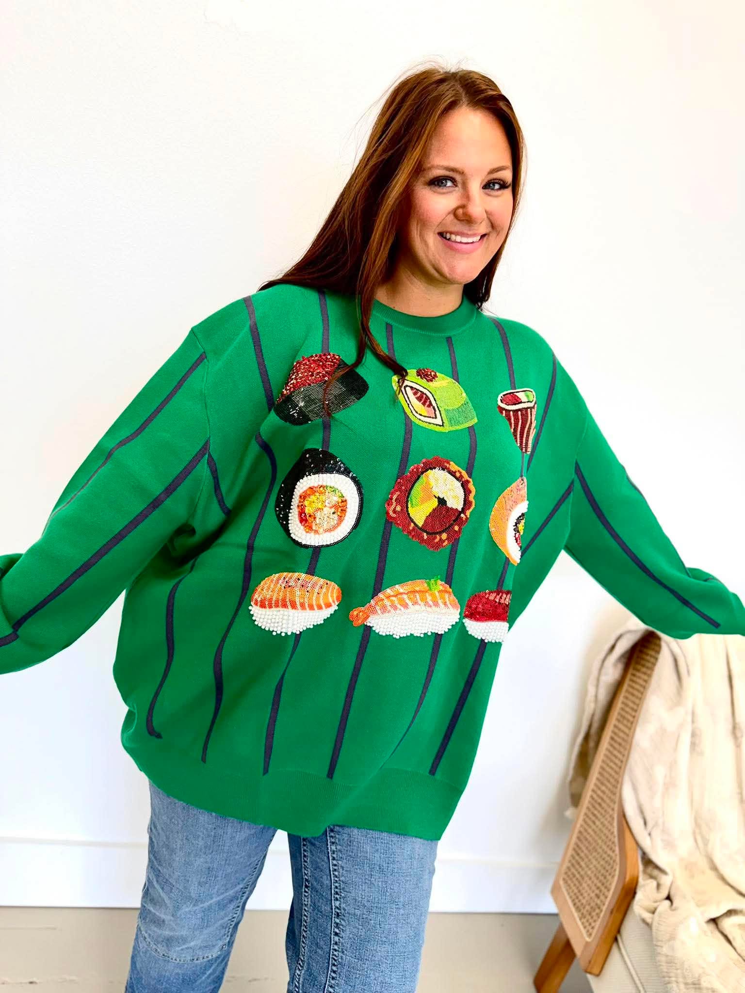 Queen Of Sparkles Green Striped Sushi Sweater